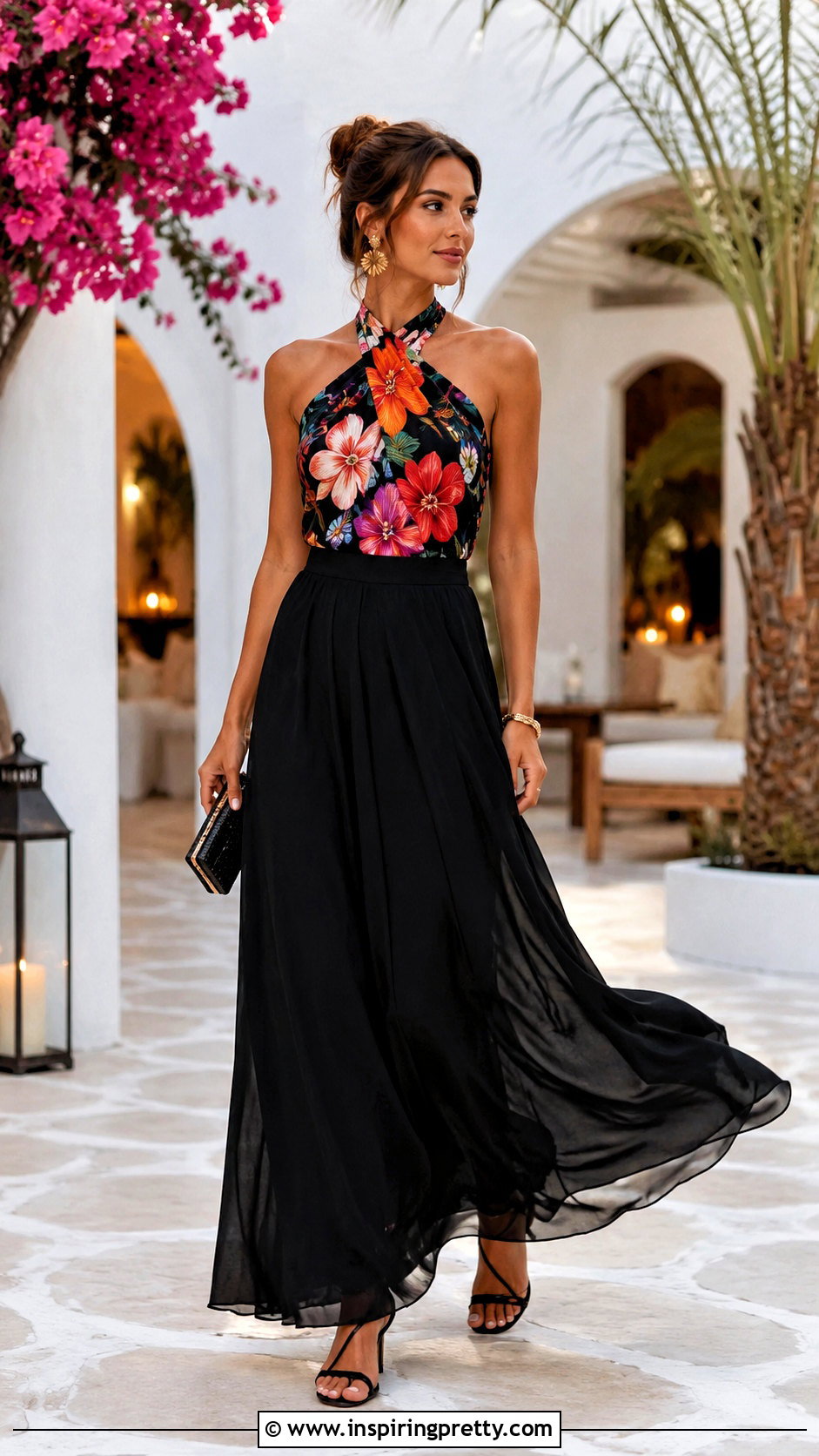 Printed Halter Top With Black Maxi Skirt - 50 pretty tops outfit ideas