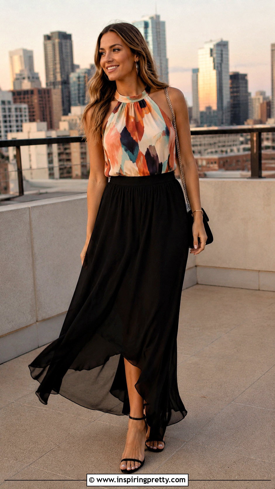 Printed Halter Top With Black Maxi Skirt - 50 going out tops night out ideas
