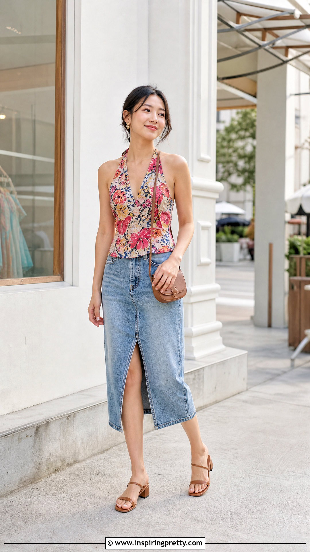 Printed Halter Top With Denim Midi Skirt - 25 asian halter top outfit ideas