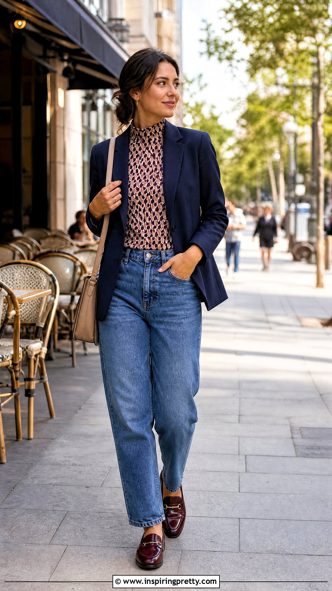 Printed High Neck Top With Relaxed Jeans - 50 high neck top outfit ideas