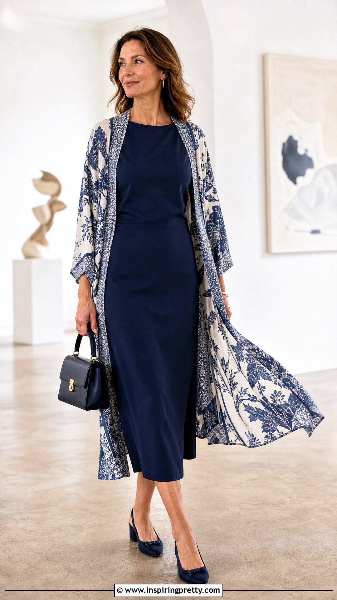 Printed Kimono And Solid Midi Dress Sunday Outfit - 50 sunday dress top outfit ideas