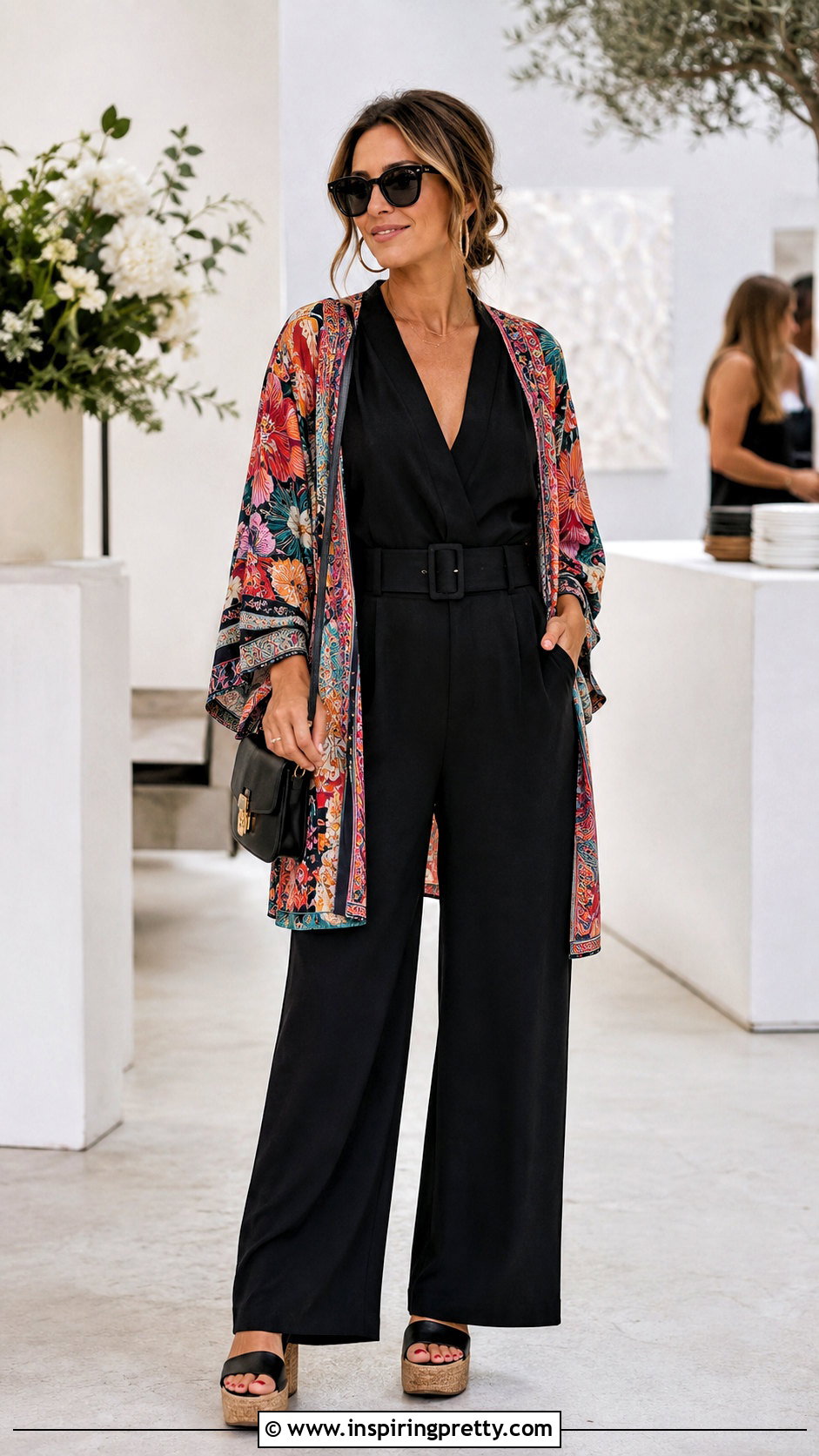 Printed Kimono Top With A Neutral Jumpsuit - 50 kimono top outfit ideas