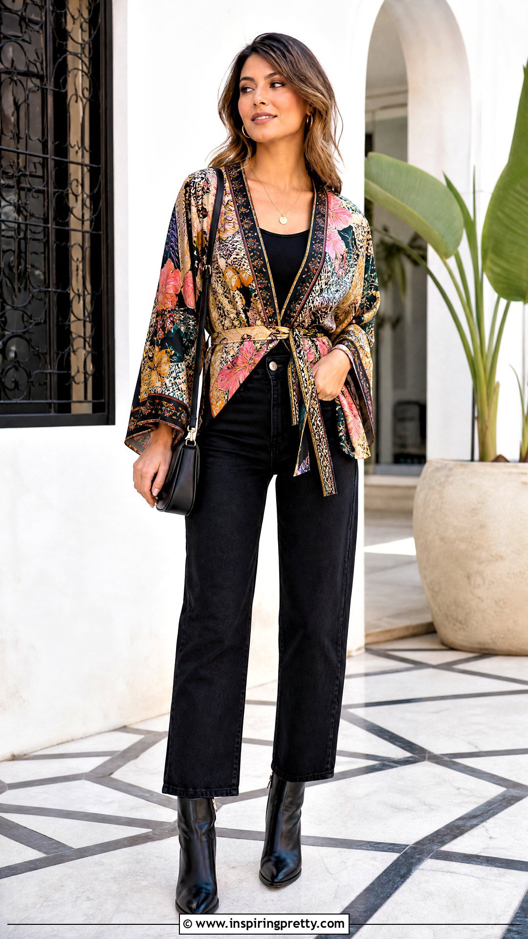 Printed Kimono Top With Black Jeans - 50 stylish tops fashion ideas