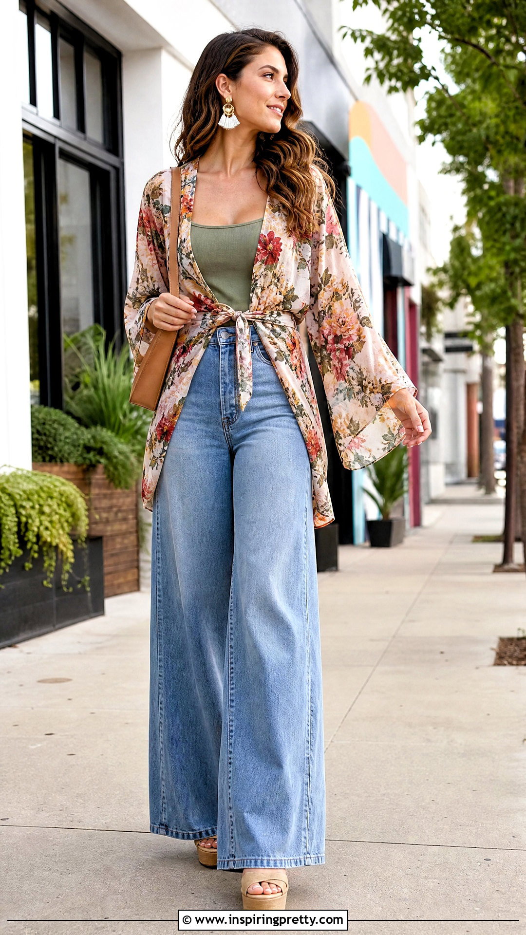 Printed Kimono Top With Wide Leg Jeans - 50 printed tops for women