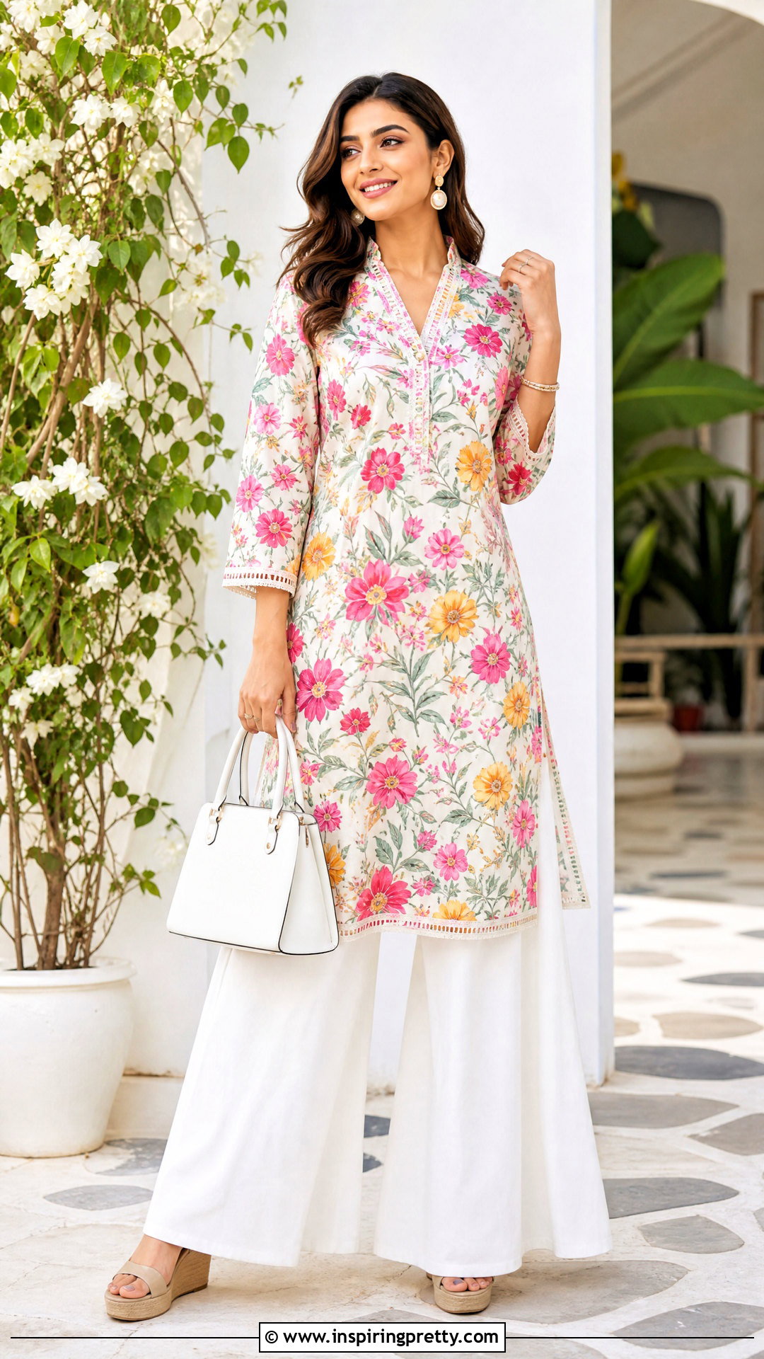 Printed Kurti Top With White Palazzo Pants - 50 kurti top outfit ideas
