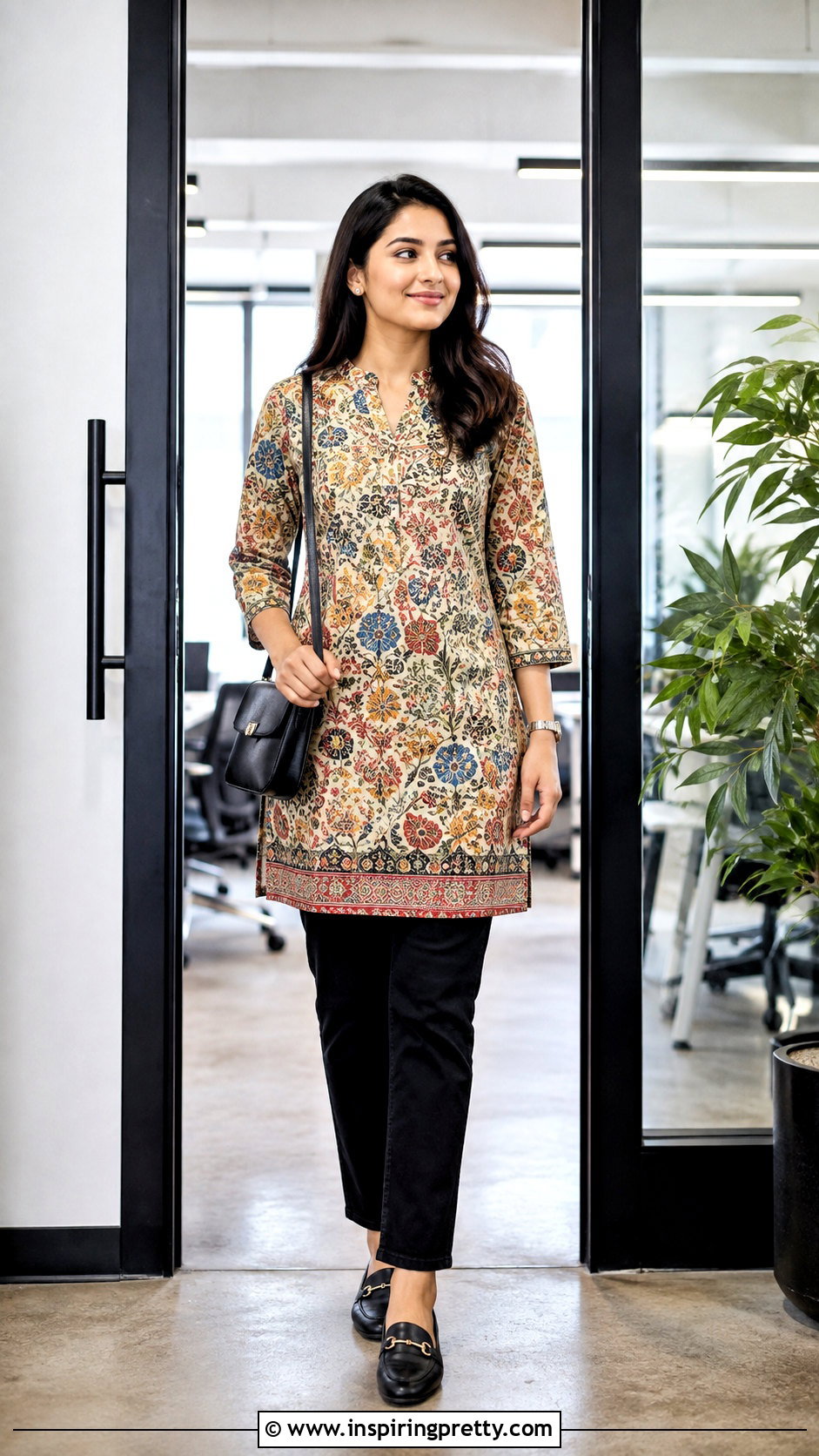 Printed Kurti With Black Jeans - 50 kurti tops outfit ideas