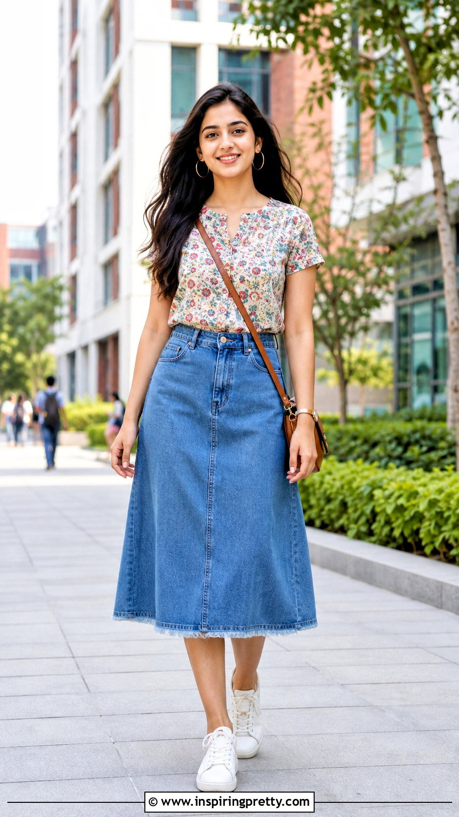 Printed Kurti With Denim Skirt - 50 kurti tops outfit ideas