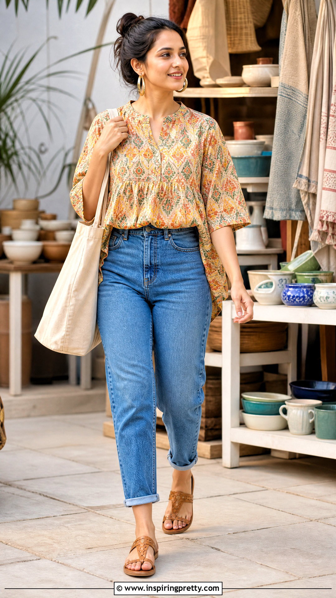 Printed Kurti With Mom Jeans - 50 jeans tops indian style for women