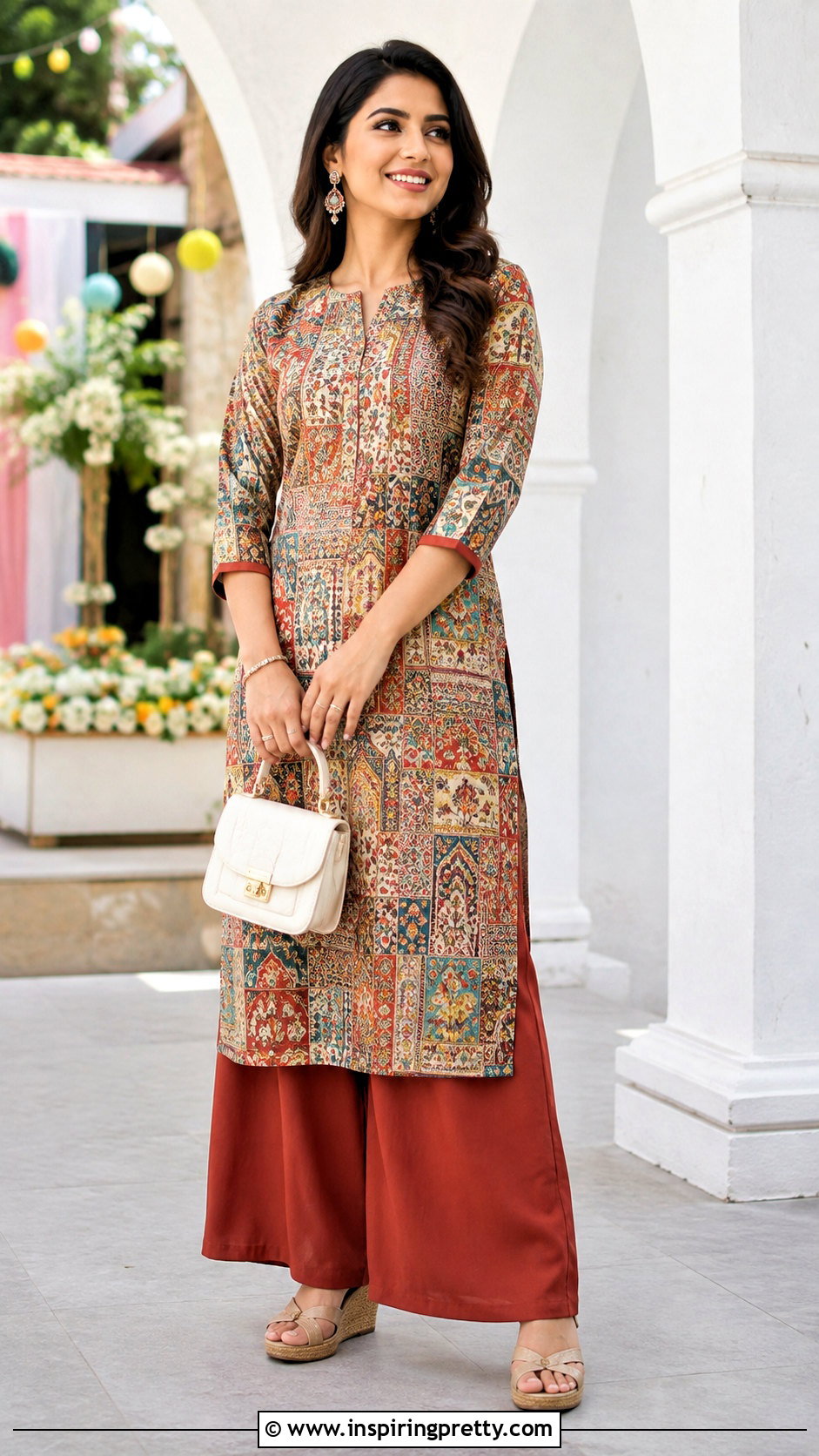Printed Kurti With Solid Palazzo Pants - 50 kurti tops outfit ideas