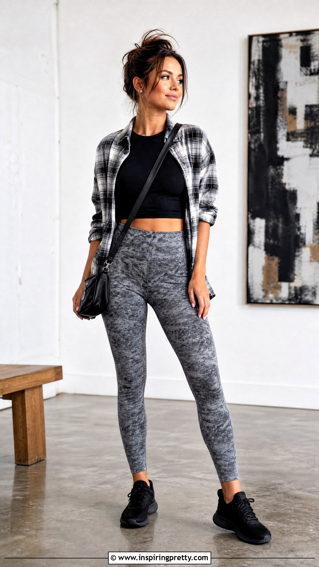 Printed Leggings With Solid Crop Top And Flannel - 20 Leggings Crop Top Flannel Outfit ideas