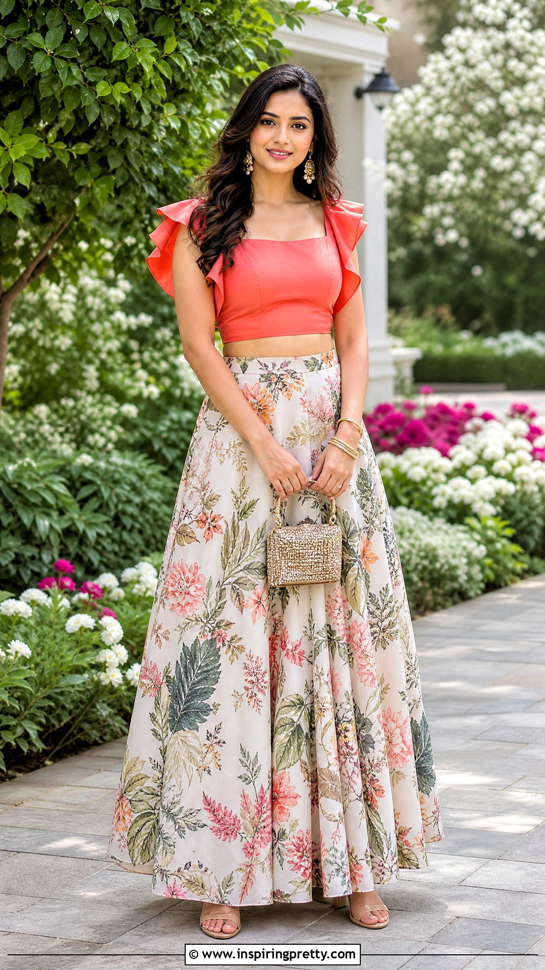 Printed Lehenga And Ruffle Sleeve Top - 50 skirt and top traditional outfit ideas