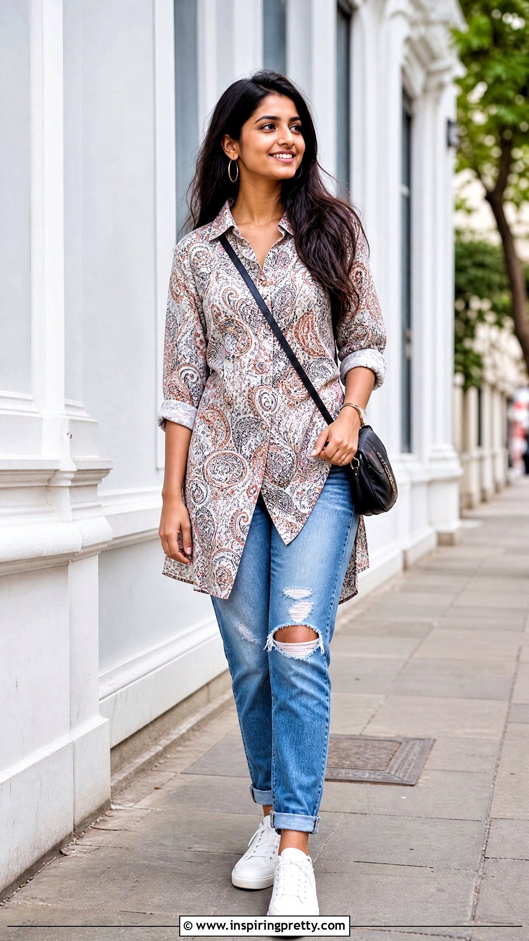 Printed Long Shirt With Distressed Jeans - 50 jeans tops indian styles