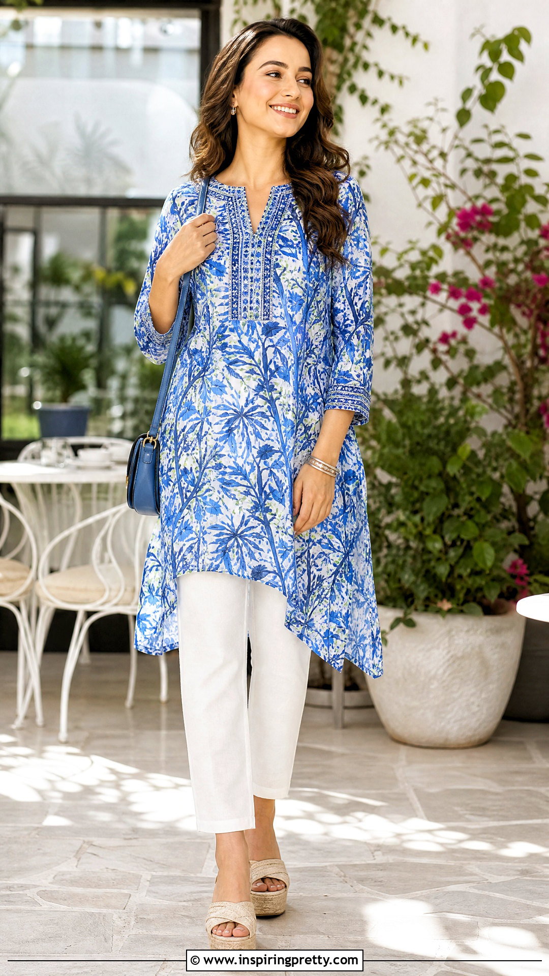 Printed Long Tunic With White Pants - 50 long tunic tops outfit ideas