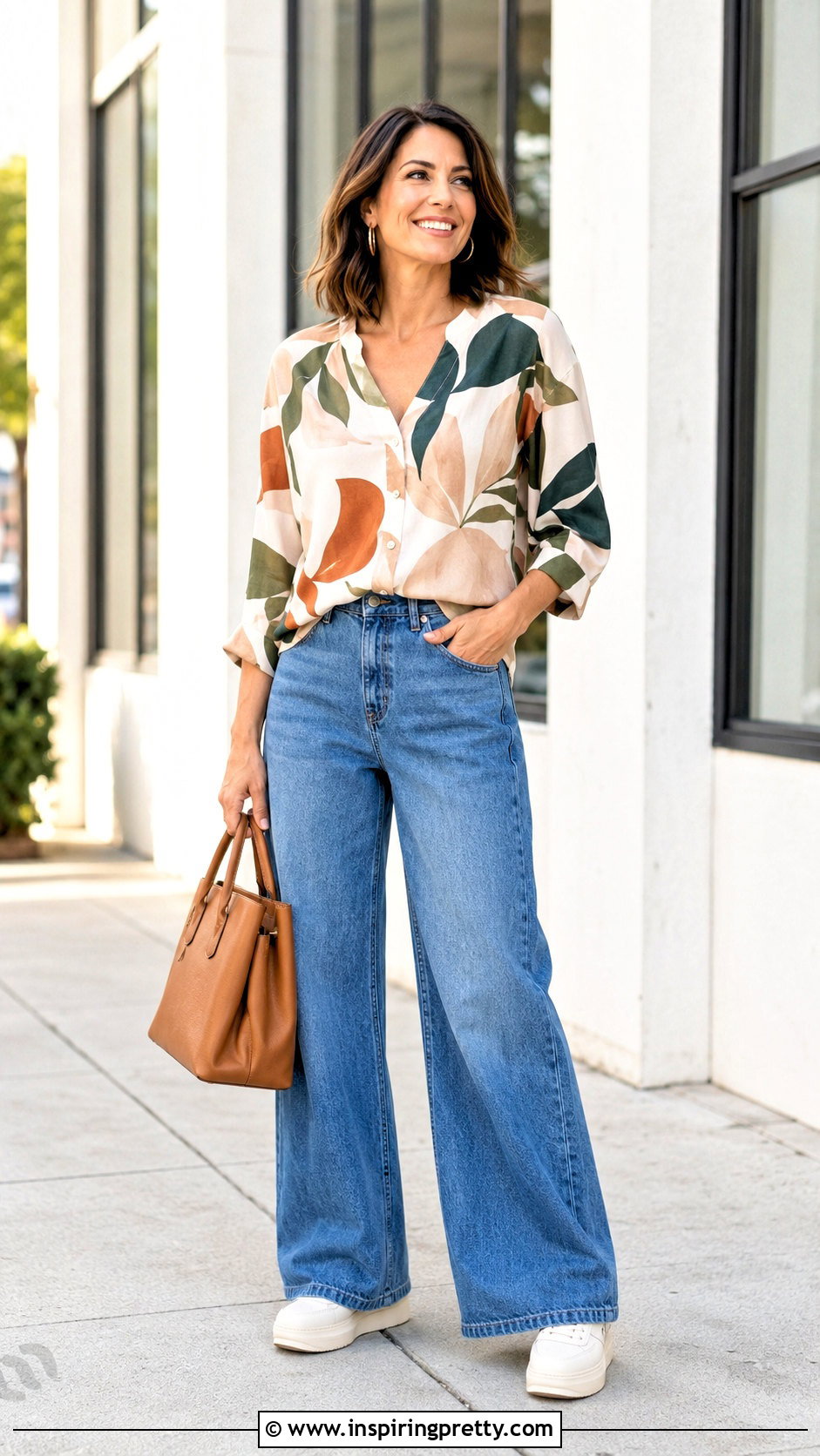 Printed Mastectomy Top With Wide Leg Jeans - 20 Mastectomy Tops outfit ideas