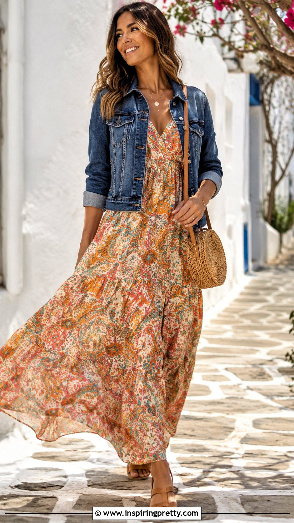 Printed Maxi Dress And Denim Jacket Outfit - 50 top ideas