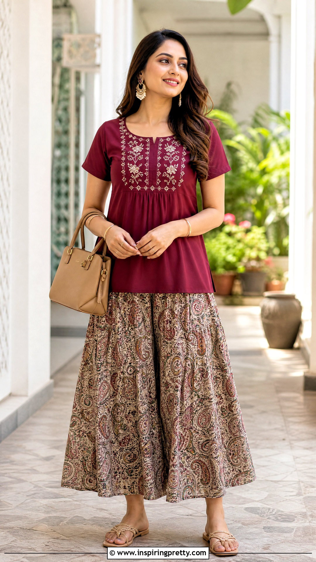 Printed Maxi Skirt And Embroidered Kurti Top Outfit - 50 traditional skirt and top outfit ideas