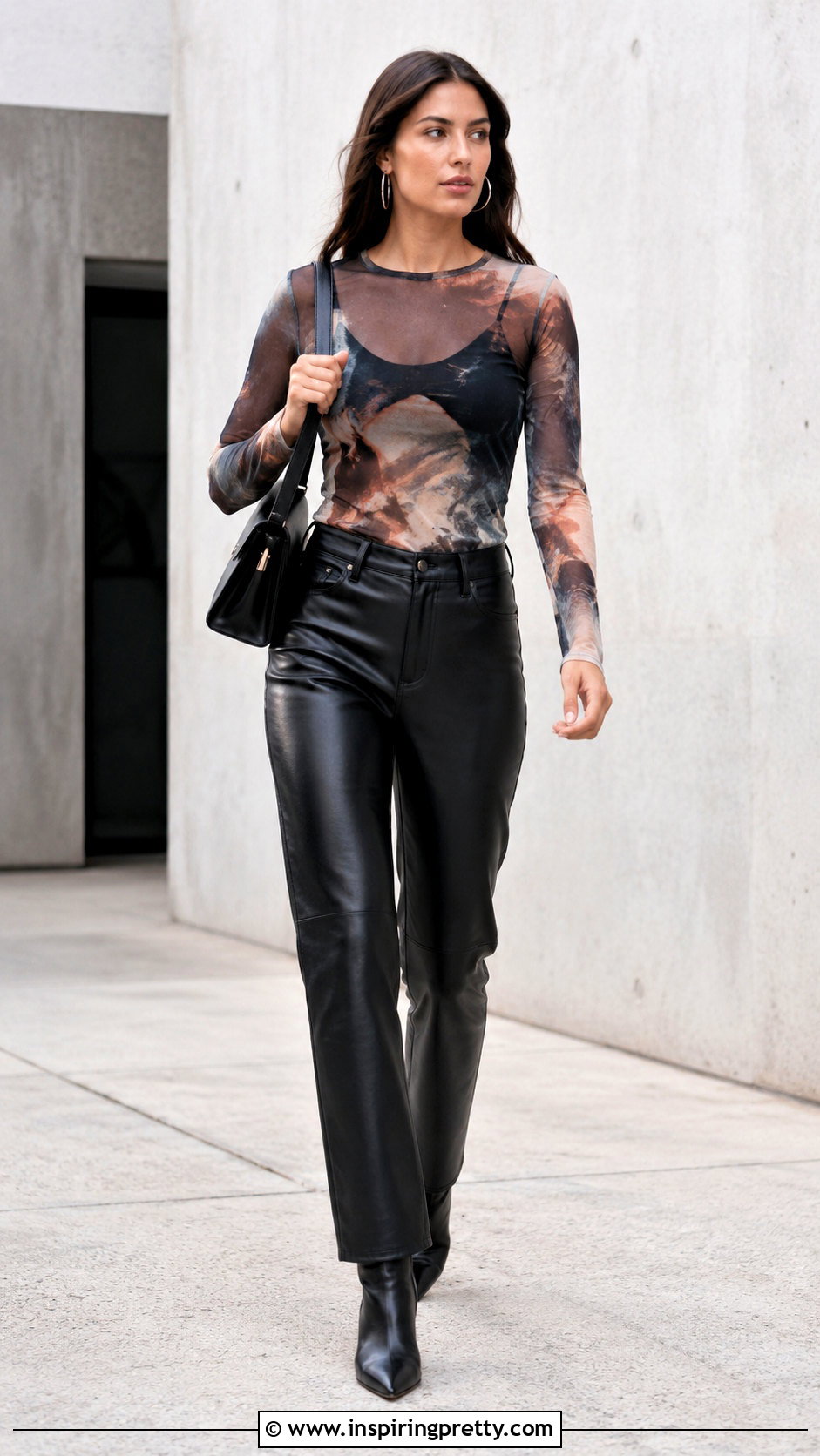 Printed Mesh Sheer Top With Faux Leather Pants - 20 mesh sheer top outfit ideas