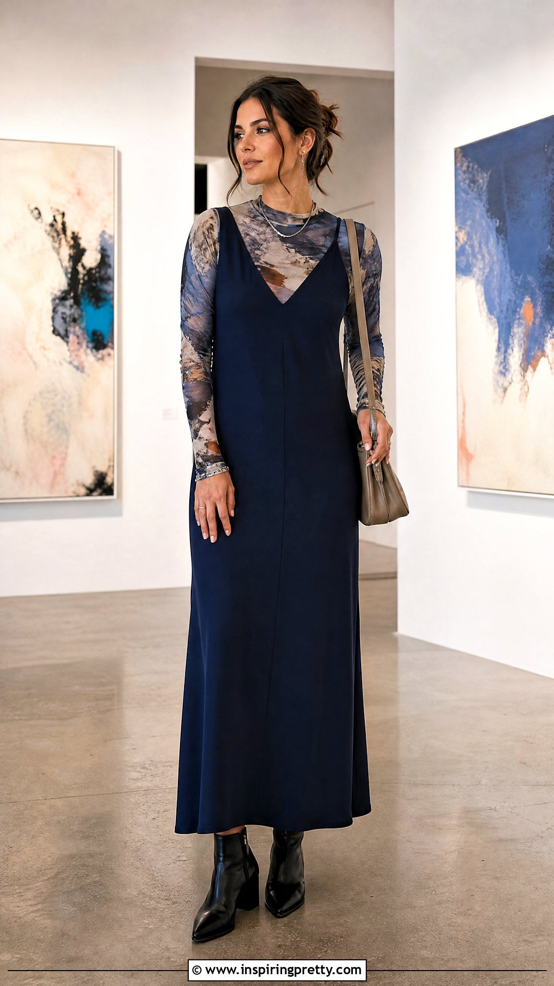 Printed Mesh Top Under Solid Maxi Dress - 25 Long Sleeve Mesh Top Under Dress outfit ideas