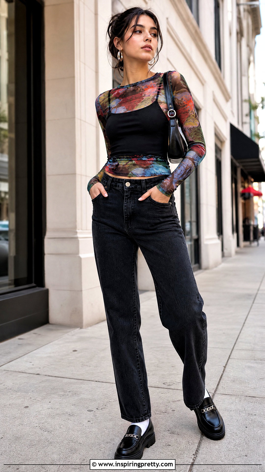 Printed Mesh Top With Black Jeans - 50 mesh top outfit aesthetic ideas