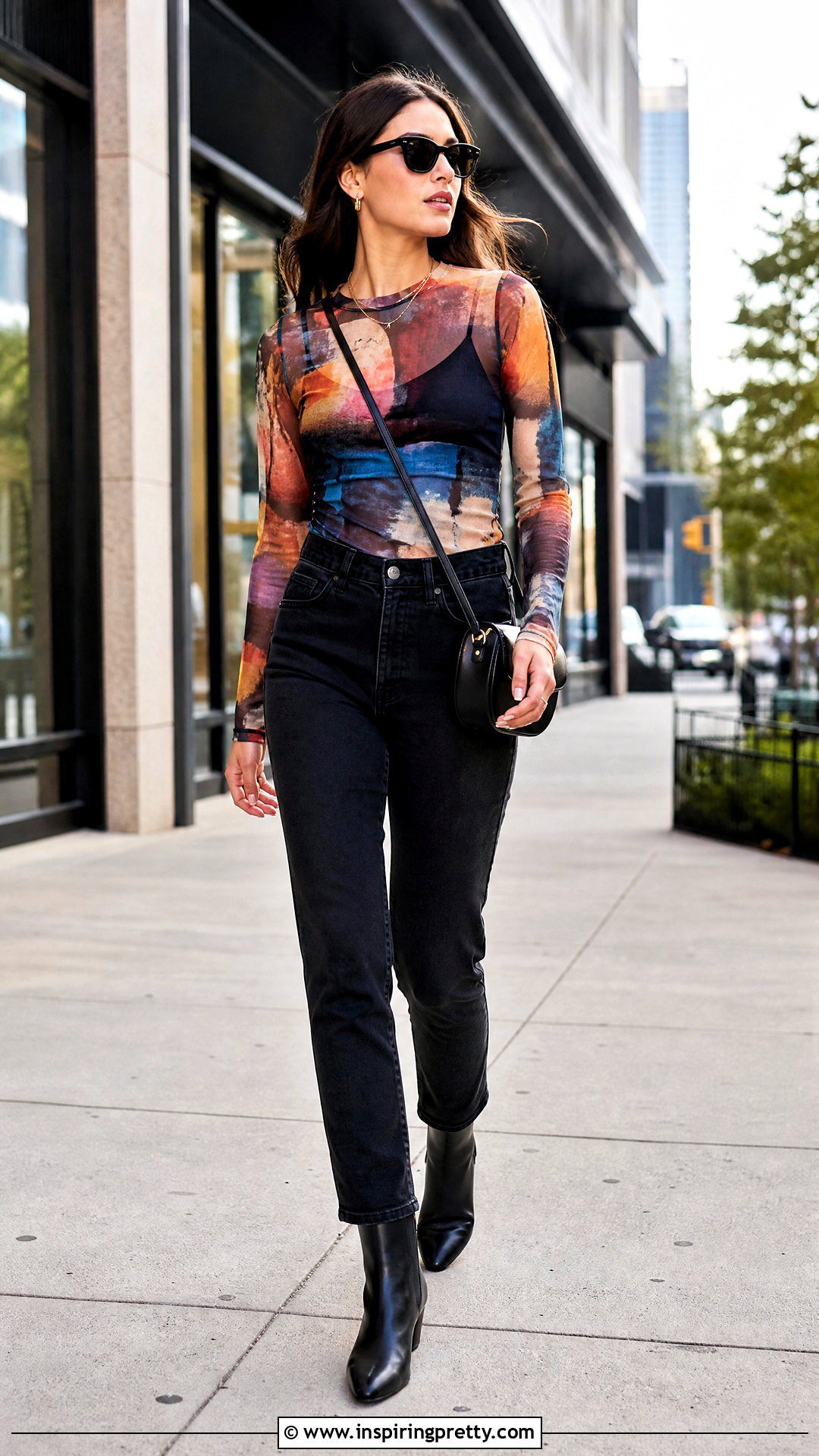 Printed Mesh Top With Black Jeans - 50 mesh tops outfit ideas
