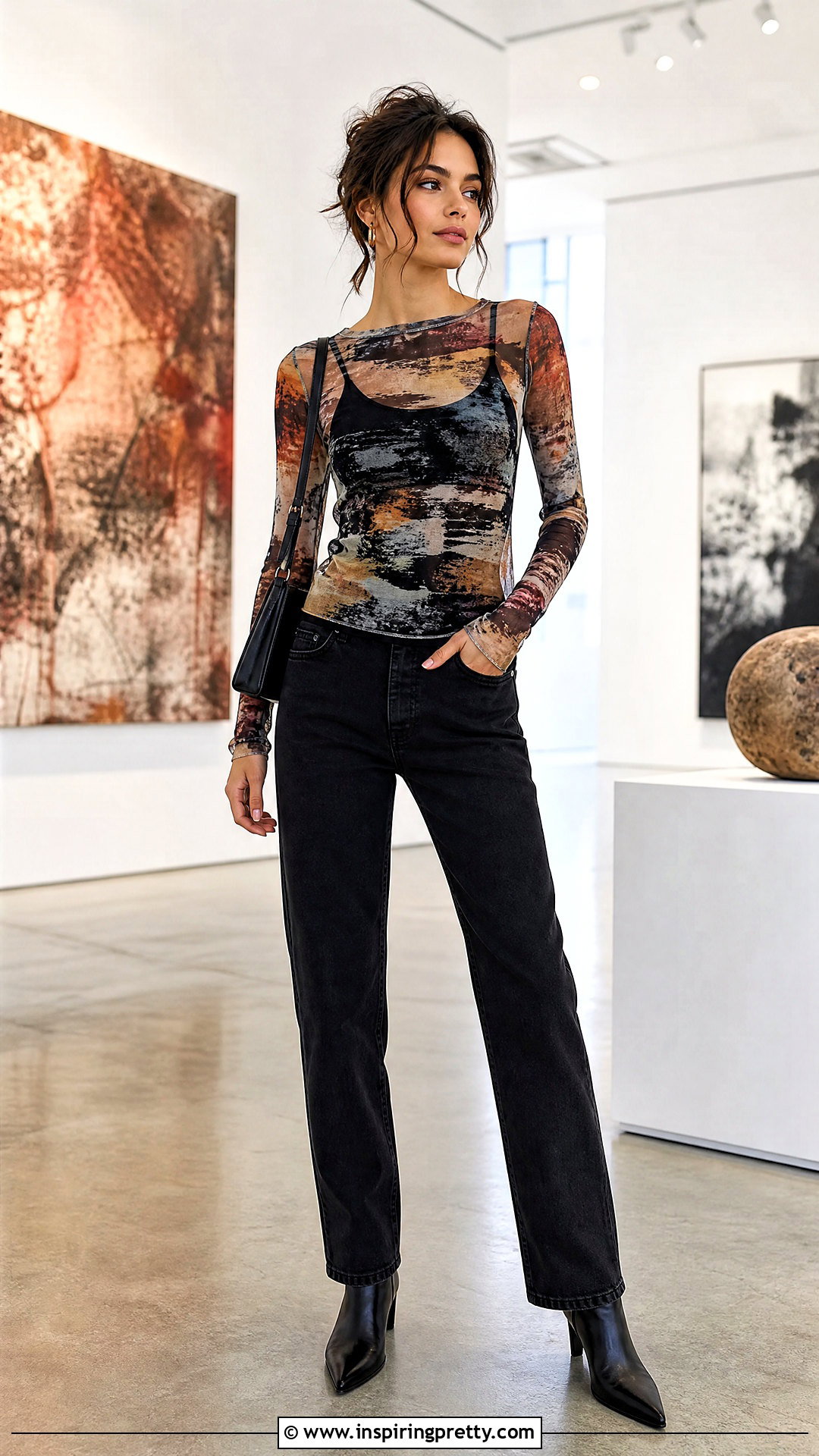 Printed Mesh Top With Black Jeans - 50 Beautiful Tops For Women