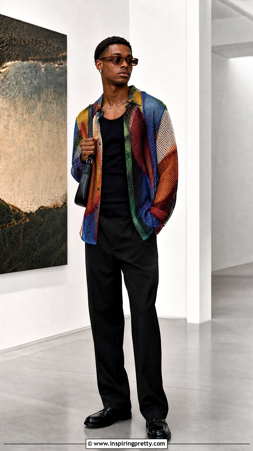 Printed Mesh Top With Black Trousers - 20 men’s mesh top outfit ideas