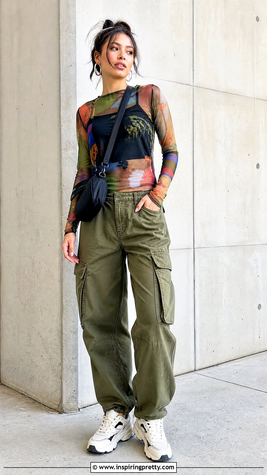 Printed Mesh Top With Cargo Pants - 50 mesh top outfit ideas