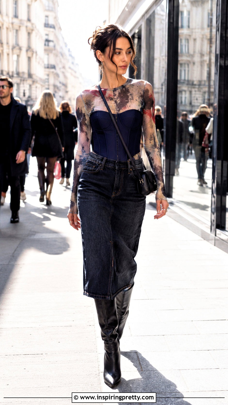Printed Mesh Top With Corset And Denim Skirt - 20 mesh top corset outfit ideas