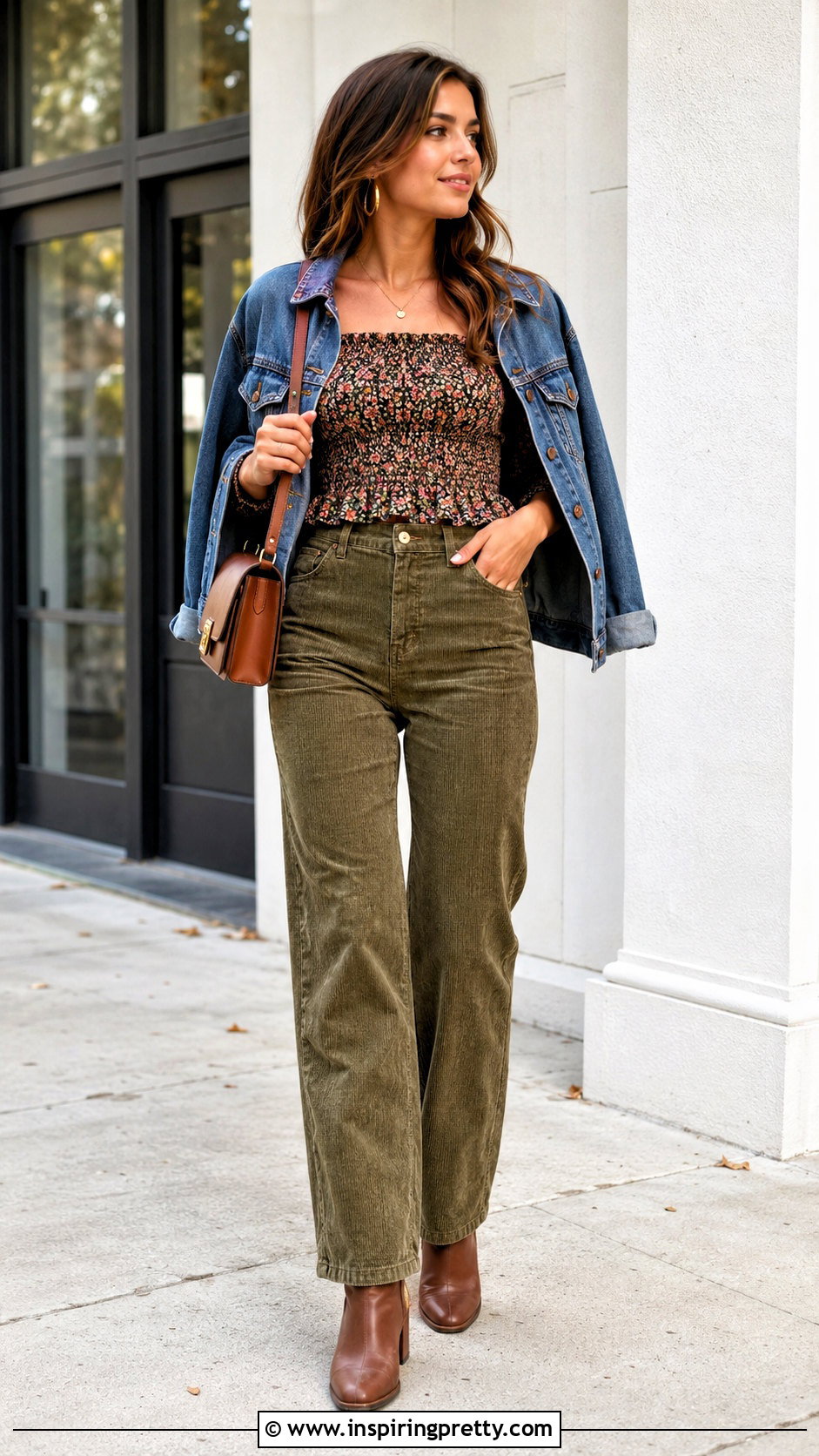 Printed Off the Shoulder Top With Corduroy Pants - 20 off-the-shoulder top fall fashion outfit ideas