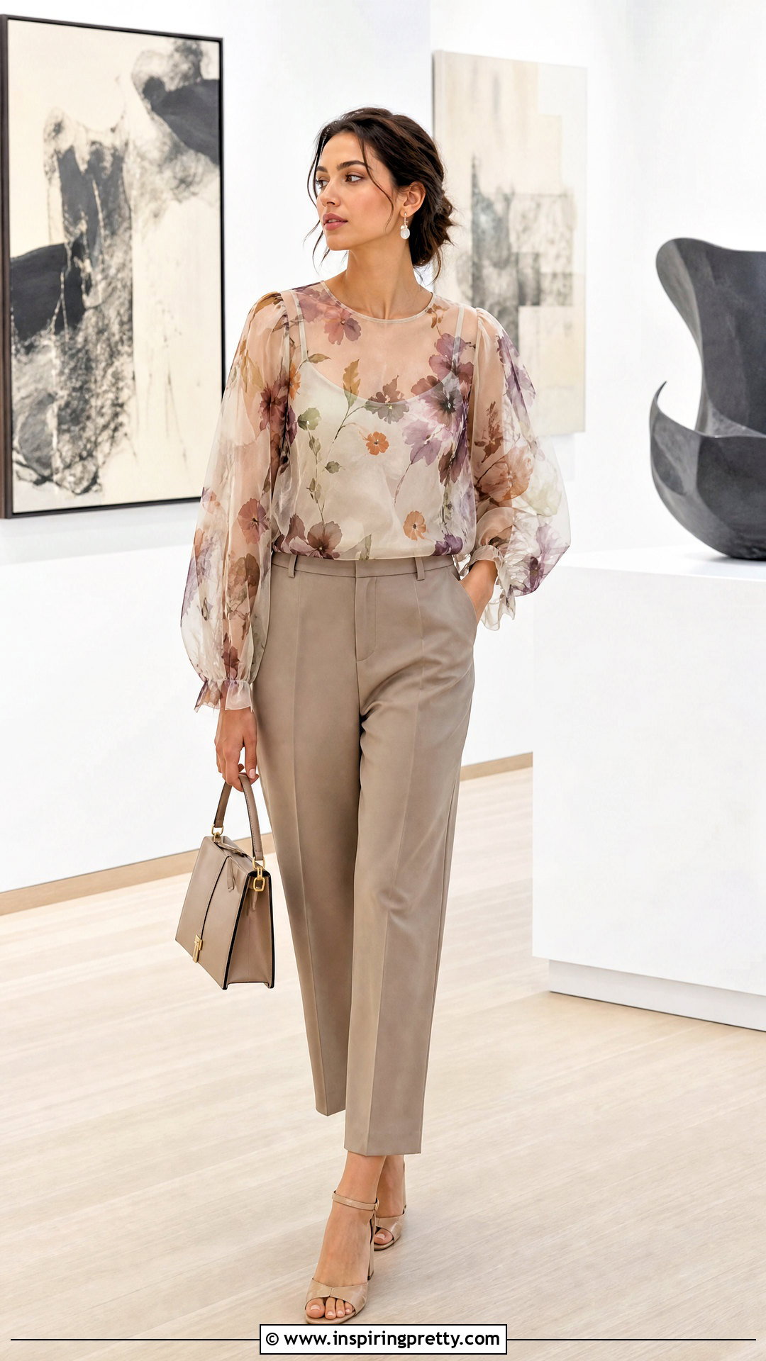Printed Organza Top With Neutral Trousers - 50 organza tops outfit ideas