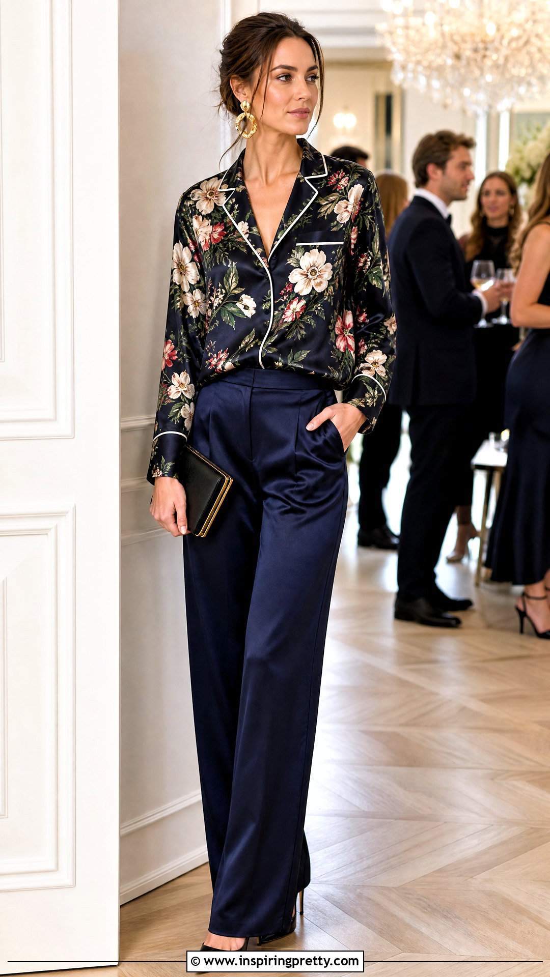 Printed Pajama Party Top With Silky Trousers - 50 party tops outfit ideas