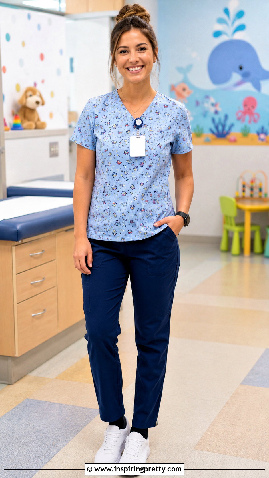 Printed Pediatric Nurse Scrub Top With Navy Pants - 25 nurses uniform tops outfit ideas