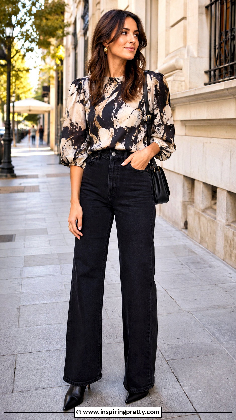 Printed Puffy Sleeve Top With Black Wide Leg Jeans - 50 puffy sleeve top outfit ideas