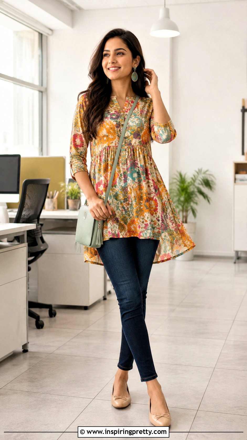 Printed Rayon Short Kurti With Skinny Jeans - 50 short kurti tops for jeans
