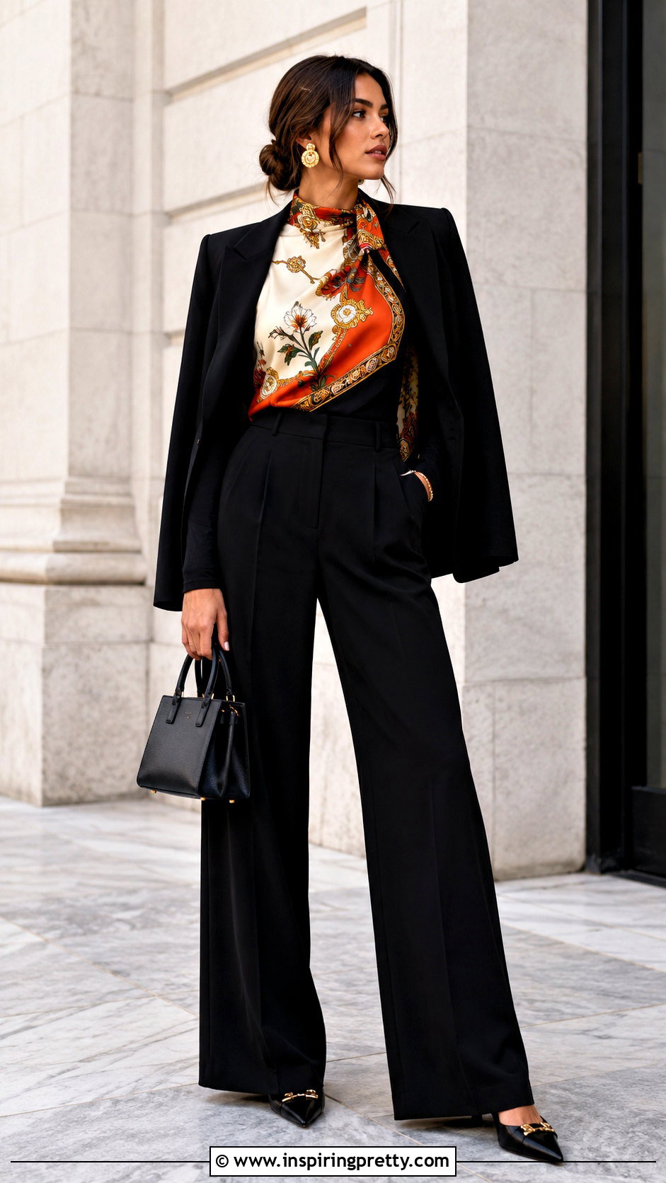 Printed Scarf Top With Monochrome Suit - 25 modest scarf top outfit ideas