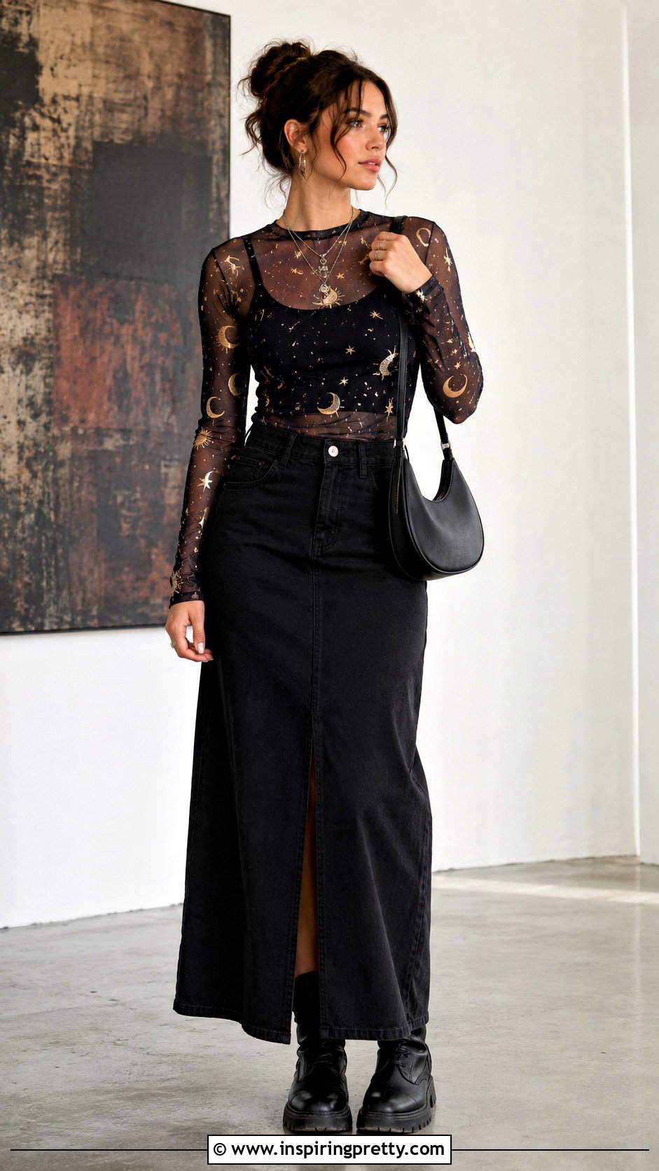 Printed Sheer Top With Maxi Skirt - 50 alt tops outfit ideas