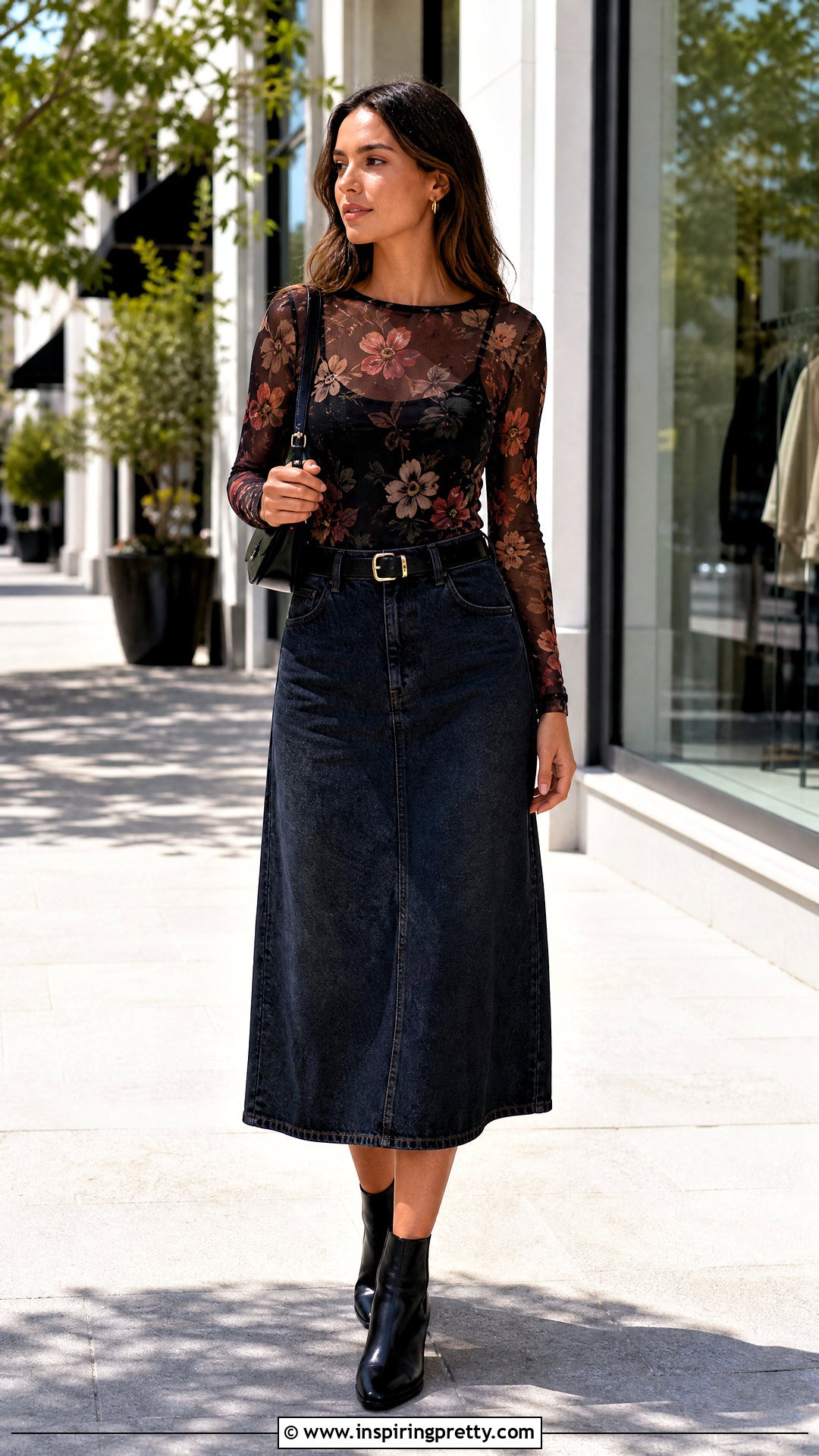Printed Sheer Top With Solid Tank And Denim Skirt - How To Layer A Sheer Top (25 Ways)