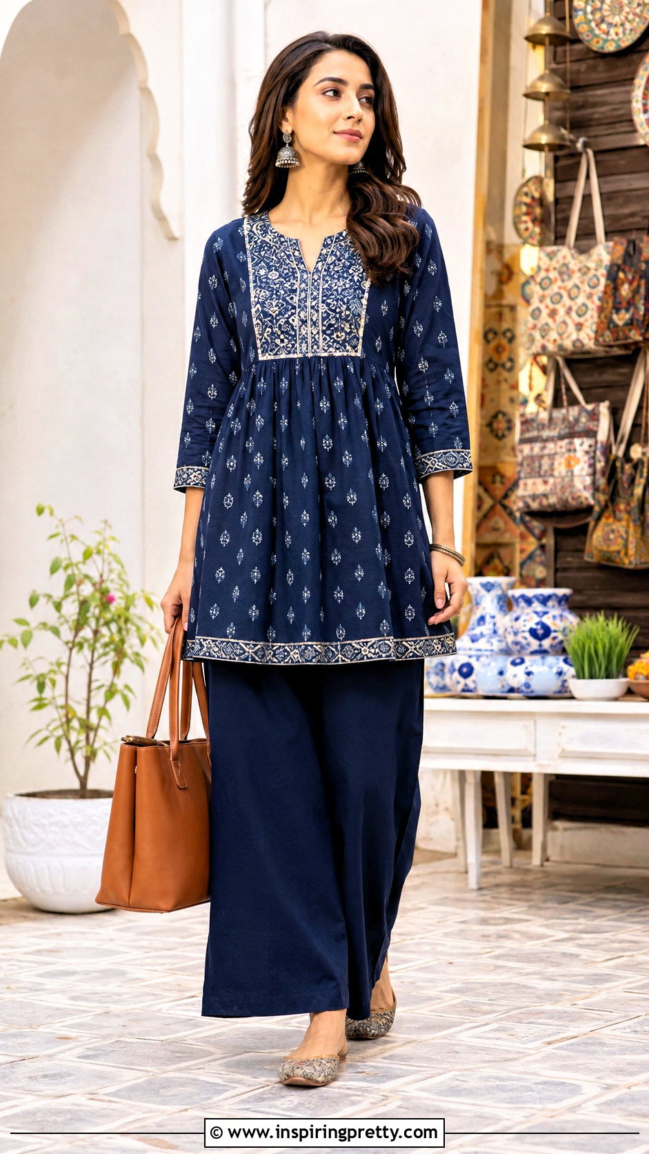 Printed Short Kurti With Solid Palazzos - 50 short kurti top outfit ideas