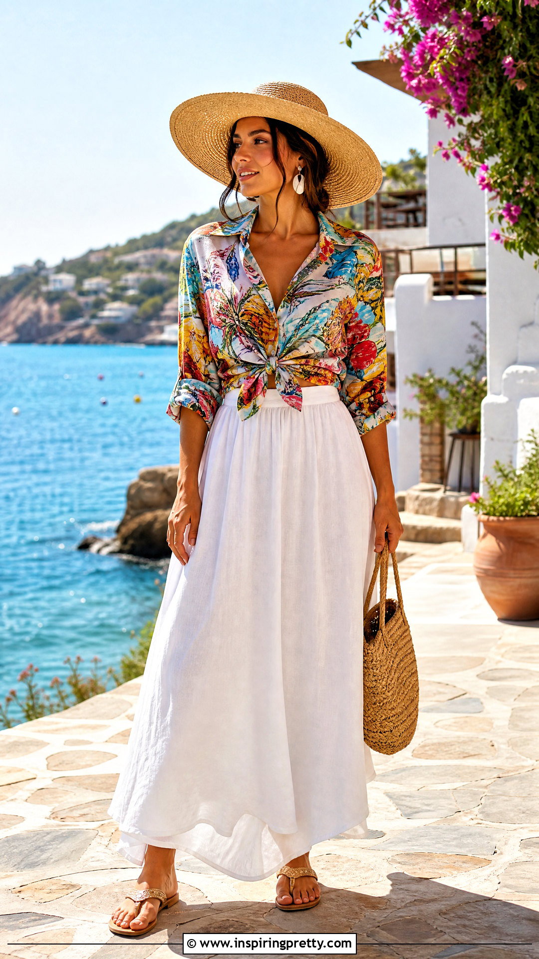 Printed Silk Top With White Maxi Skirt - 50 silk top outfit ideas