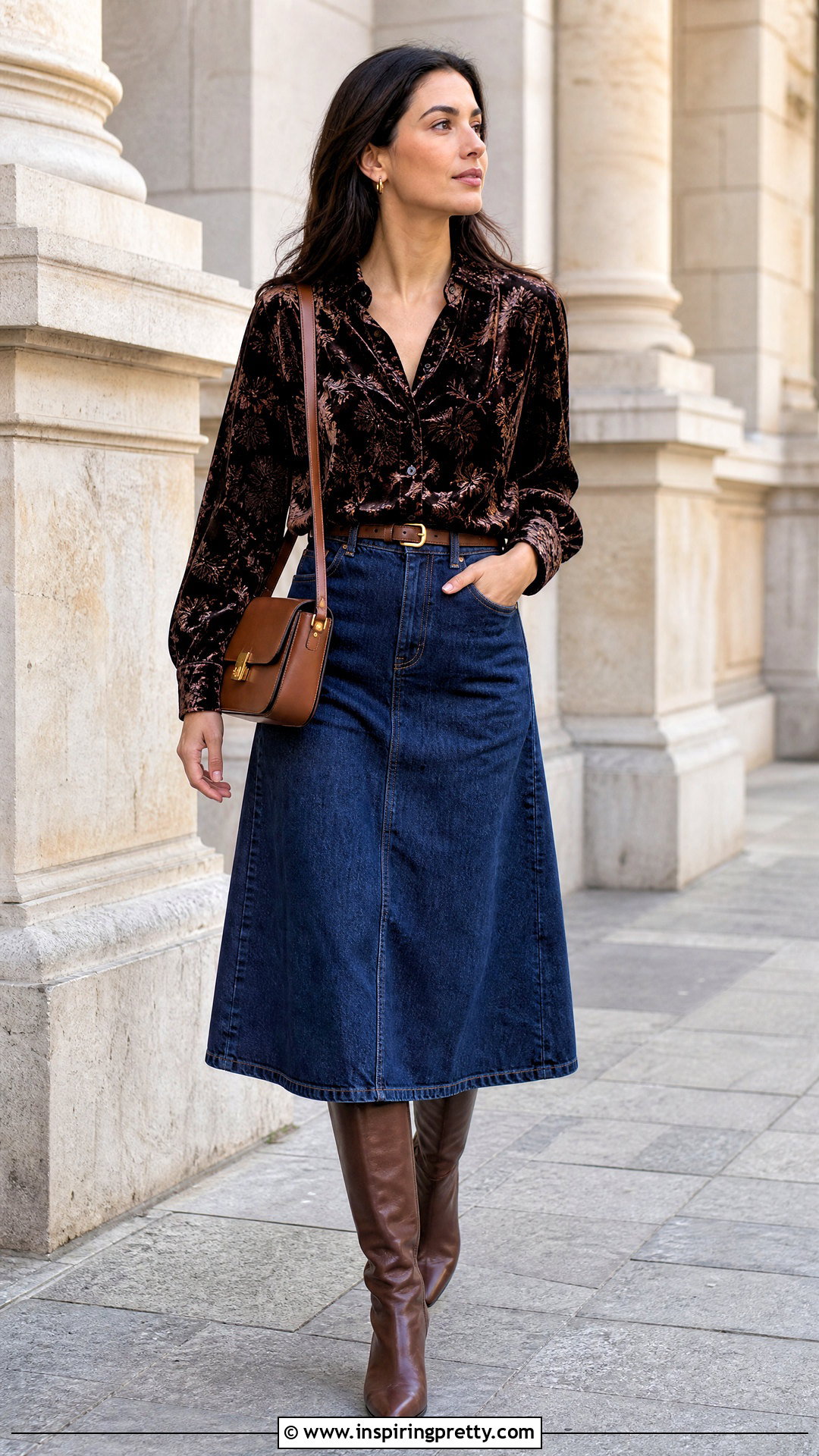 Printed Silk Velvet Top With Denim Midi Skirt - 25 silk velvet top outfit ideas