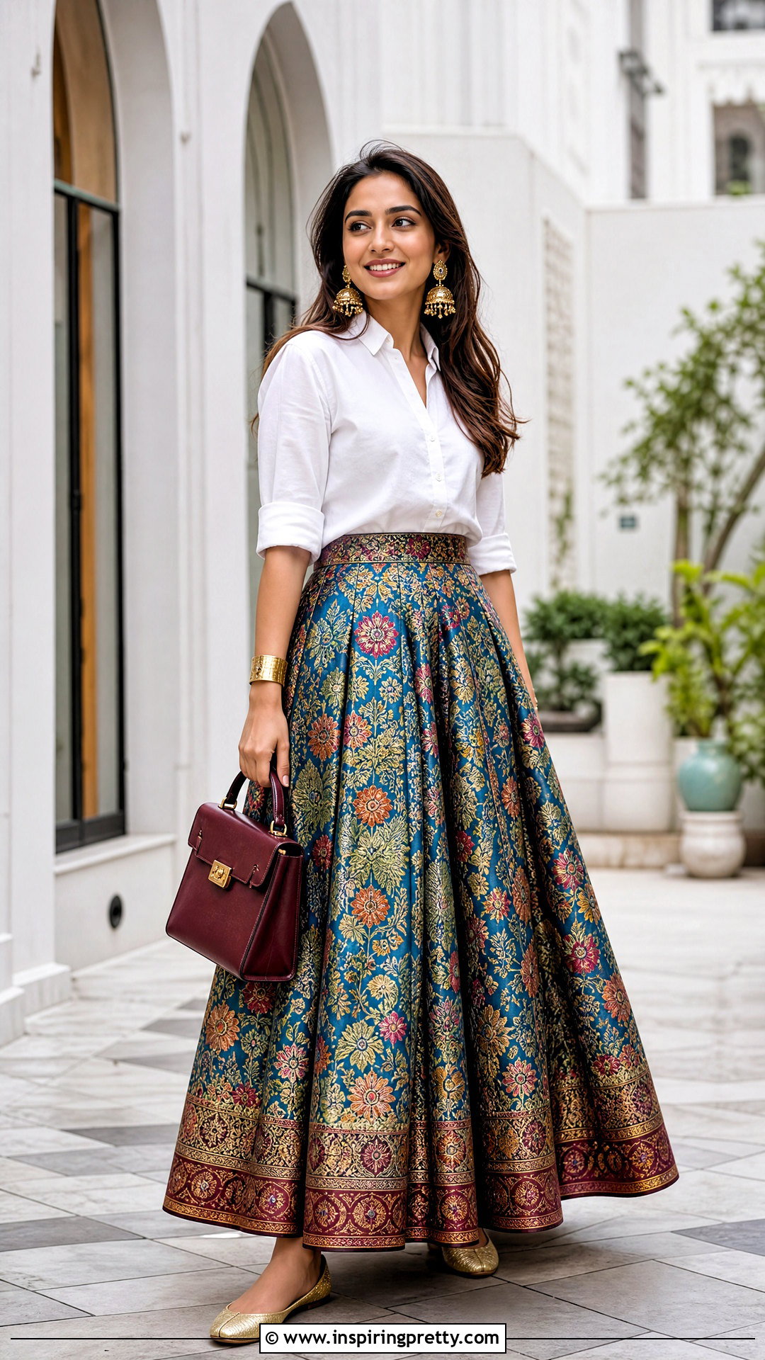 Printed Skirt And White Shirt Indian Outfit - 50 skirt and top indian outfits