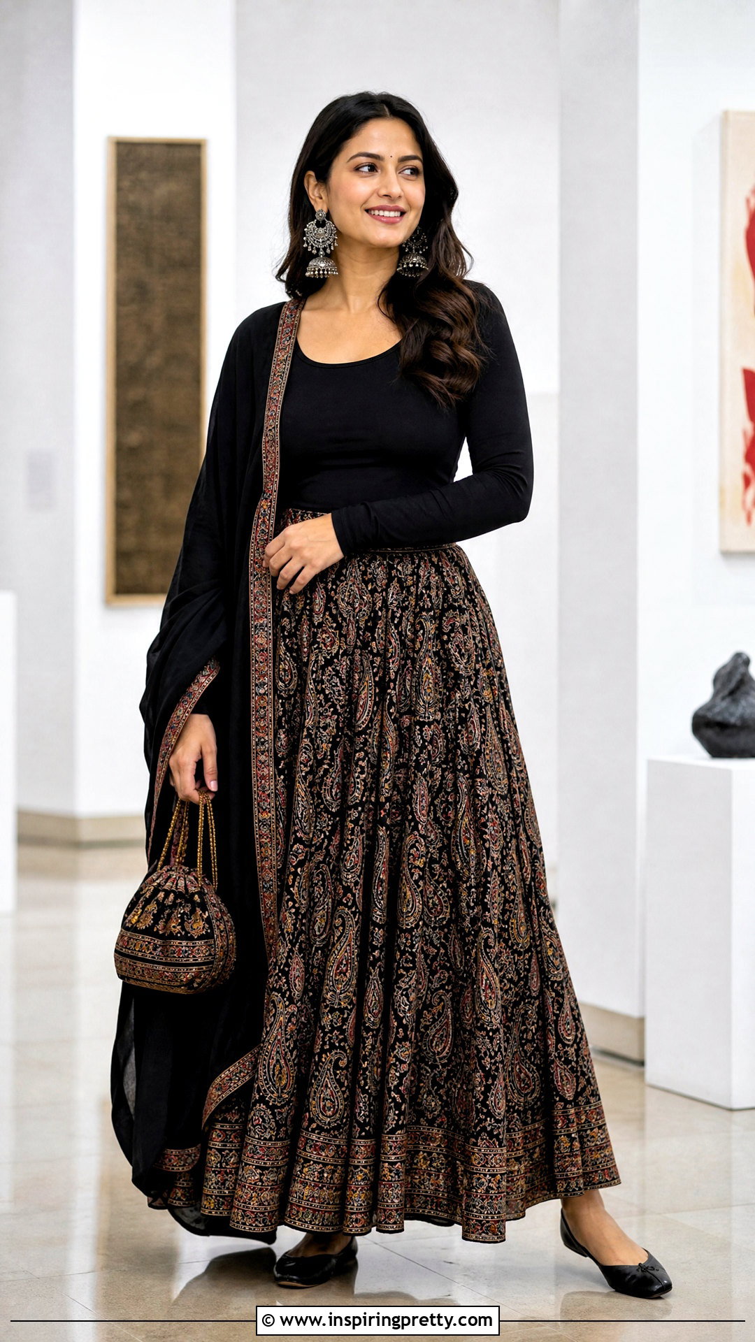 Printed Skirt With Black Full Sleeve Top - 50 skirt top indian outfit ideas