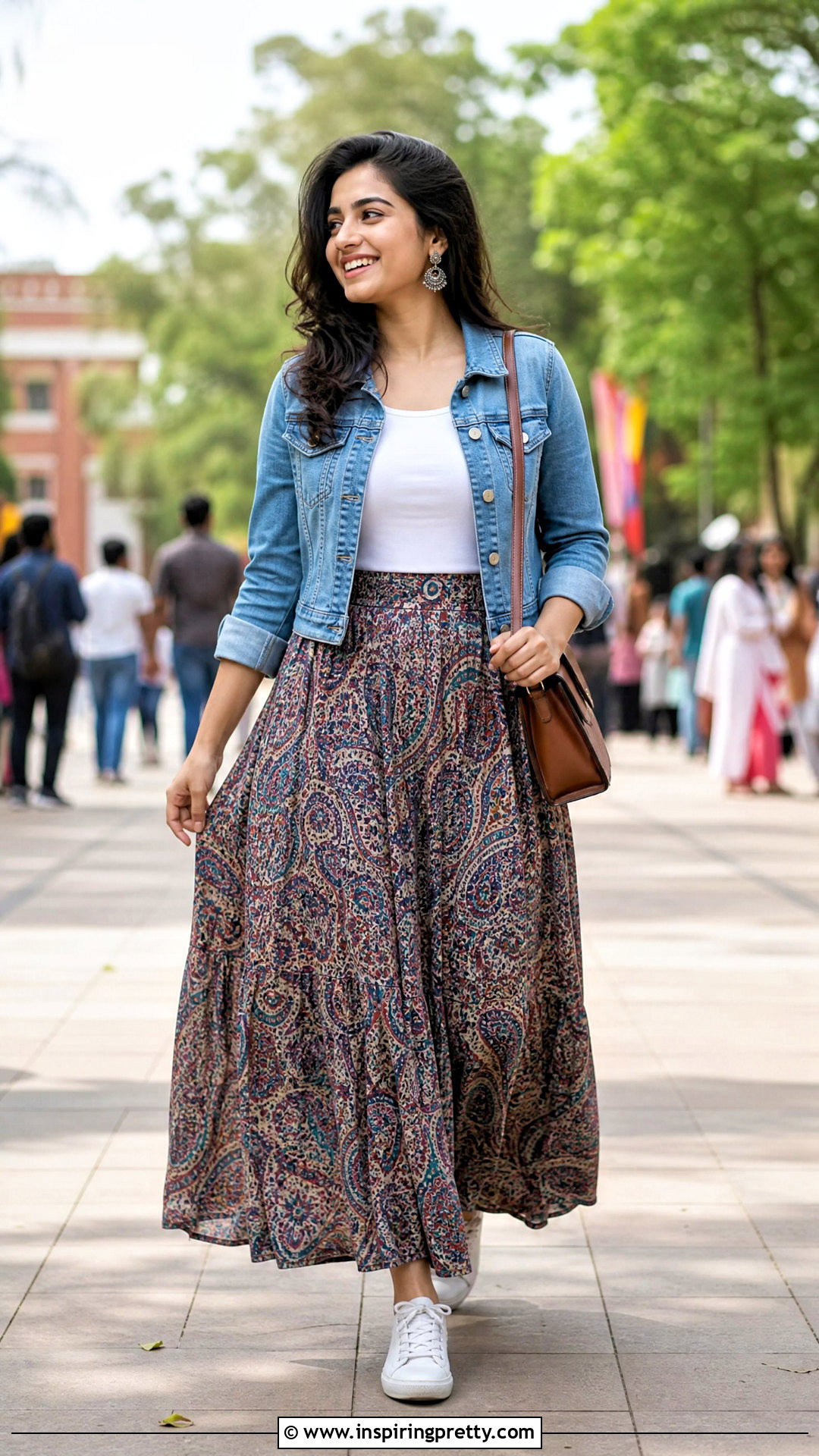 Printed Skirt With Denim Jacket Top - 50 skirt top indian outfit traditional ideas