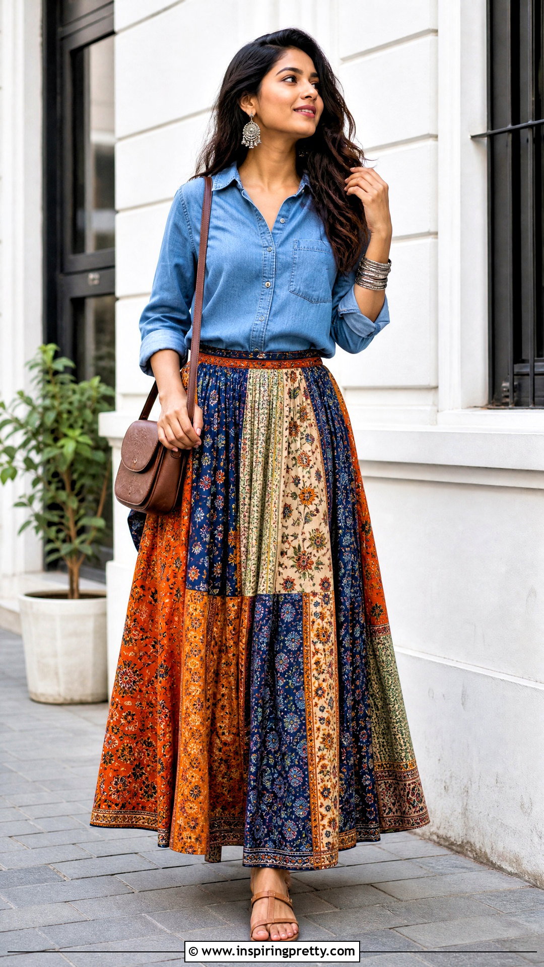 Printed Skirt With Denim Shirt - 50 skirt top indian outfit ideas