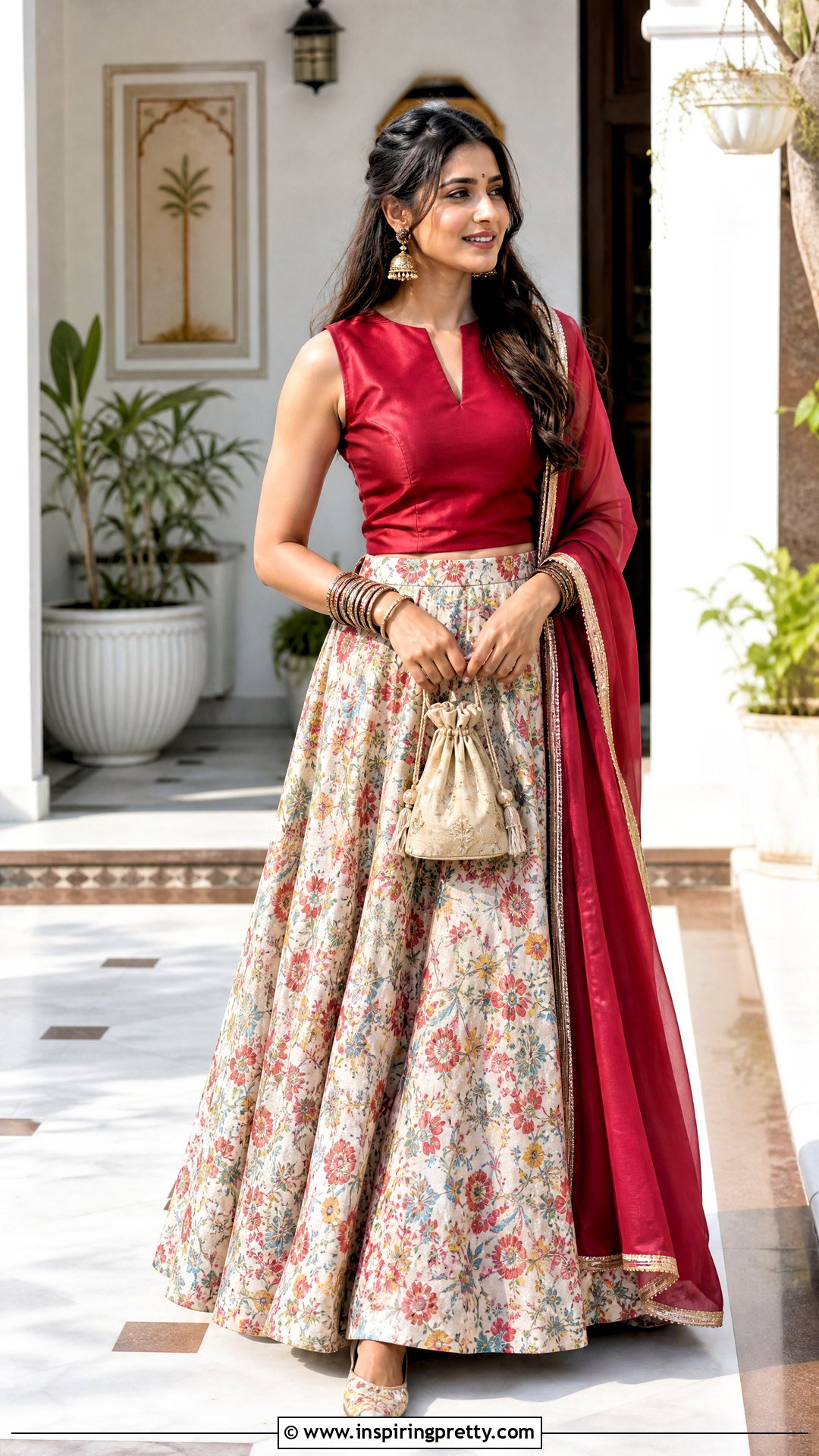 Printed Skirt With Sleeveless Silk Blouse - 50 skirt top indian outfit traditional ideas