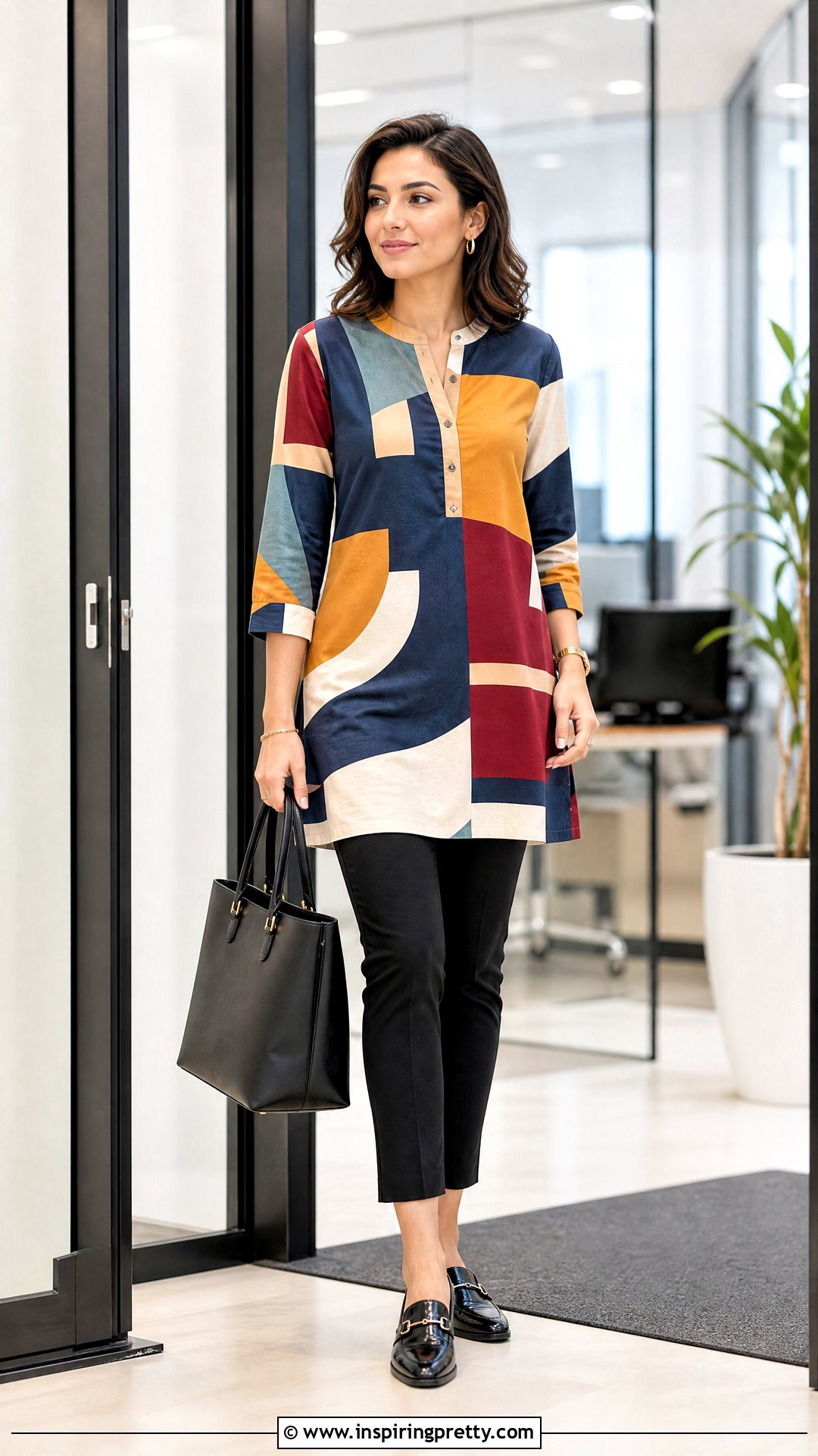 Printed Tunic Top With Slim Black Pants And Loafers - 20 pants to wear with tunic tops outfit ideas