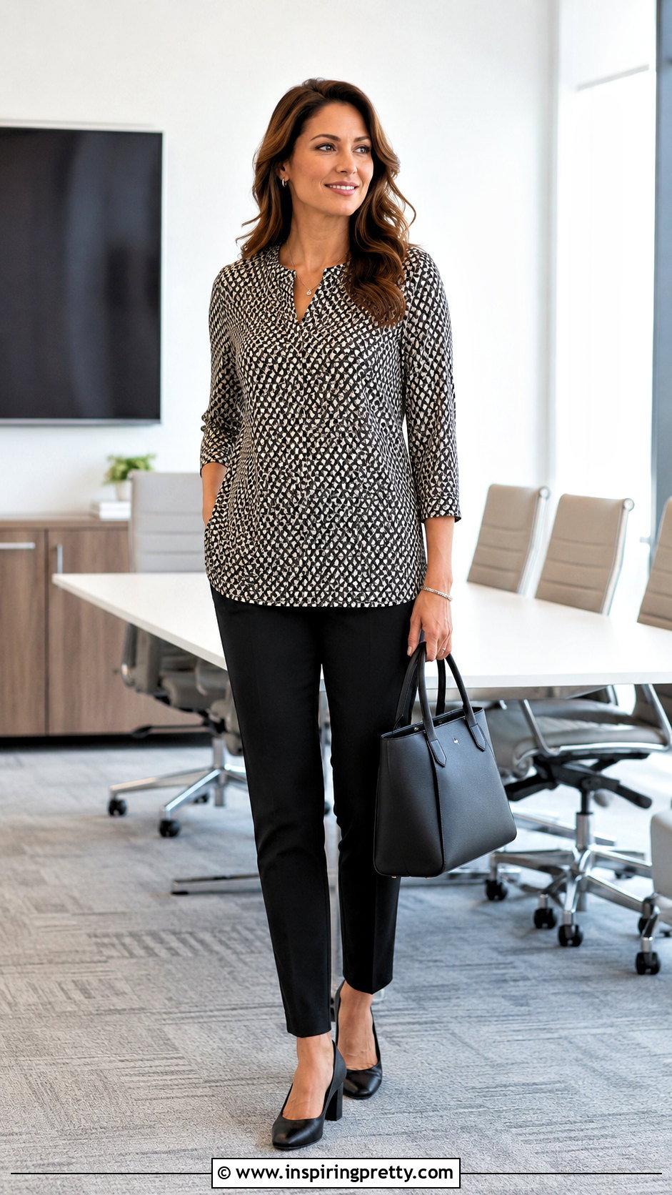 Printed Tunic Top With Slim Black Pants - 20 business casual tunic tops outfit ideas