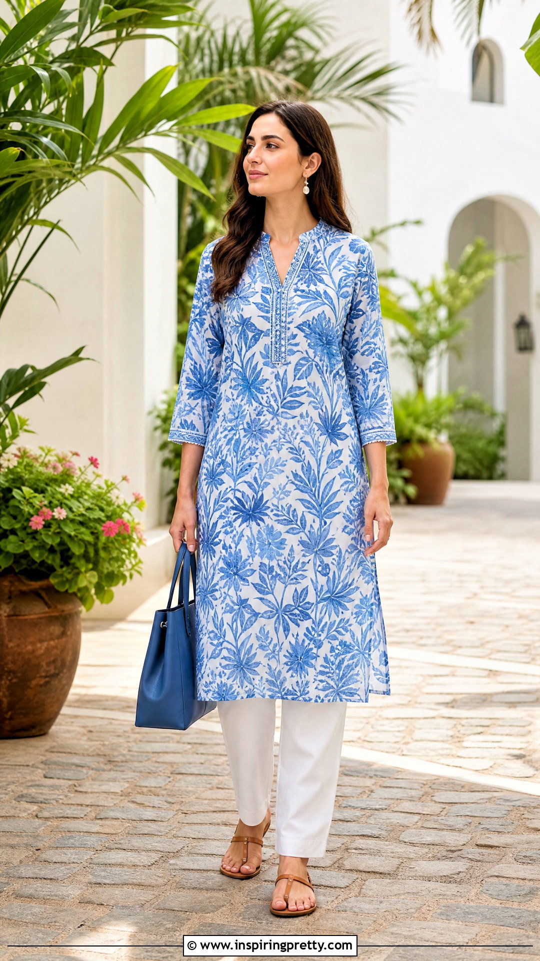 Printed Tunic Top With White Straight Pants - 50 modest summer tops outfit ideas