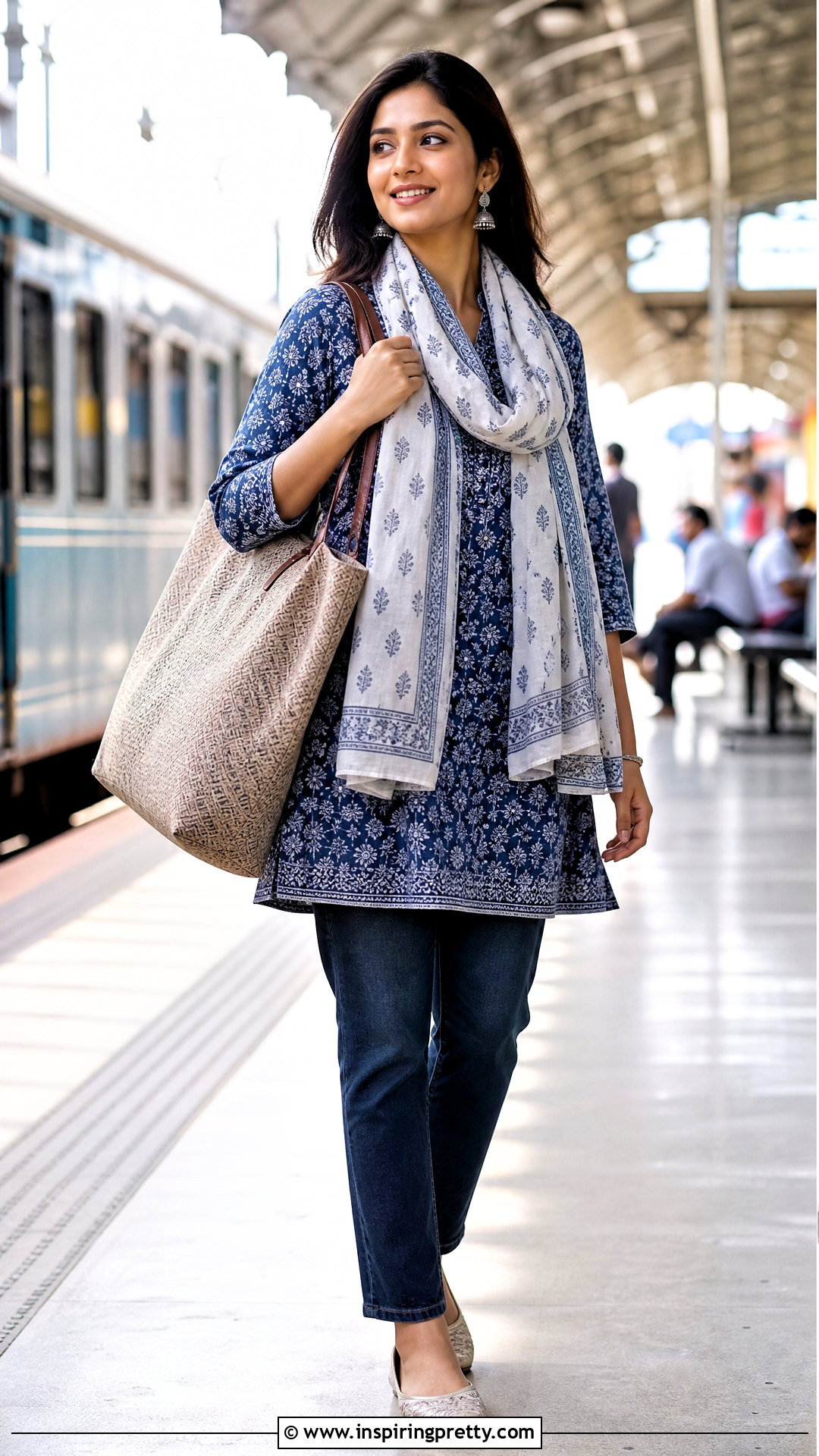 Printed Tunic With Scarf And Jeans - 50 jeans tops indian styles