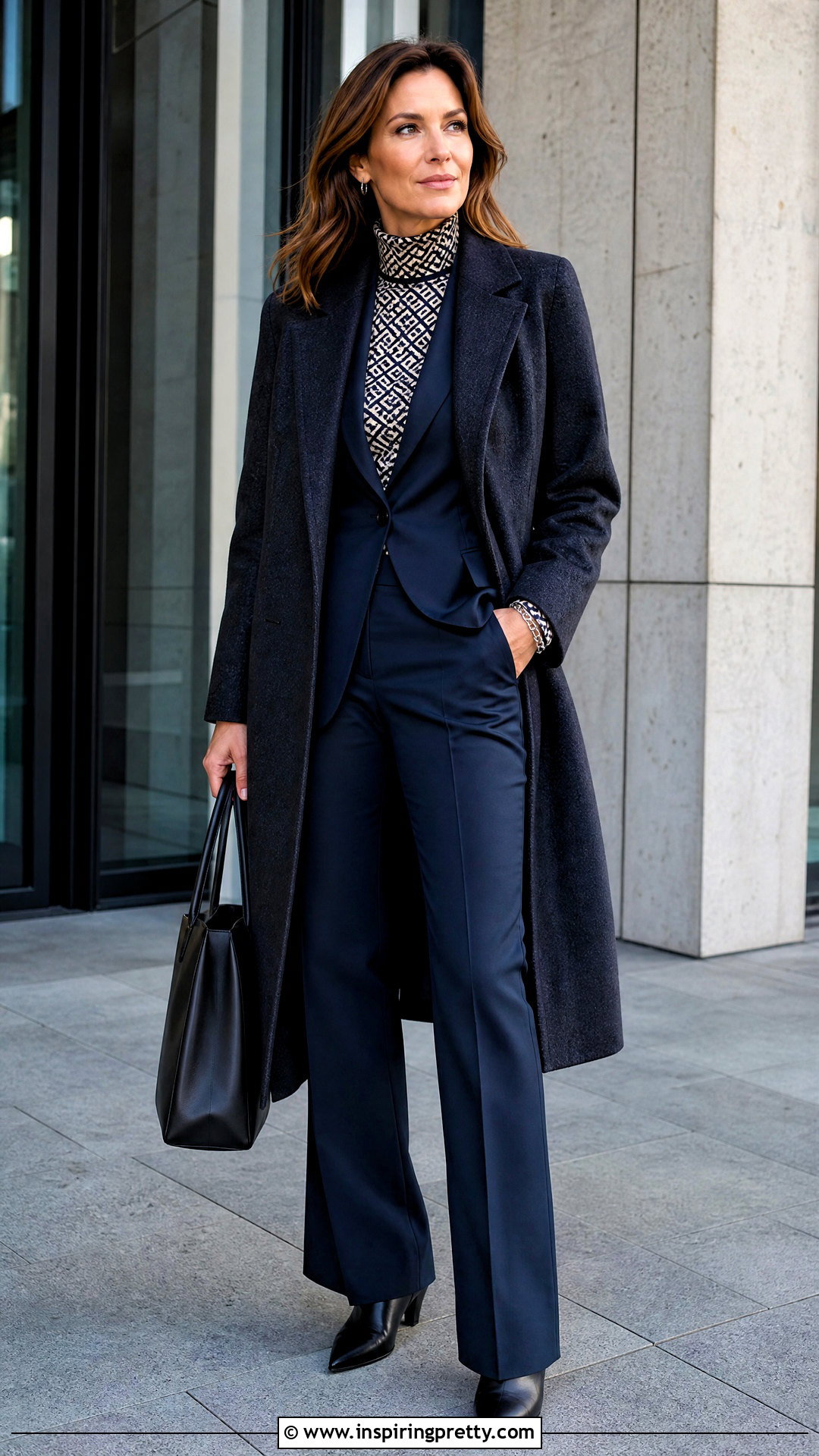 Printed Turtleneck And Solid Suit Outfit - 50 winter tops outfit ideas